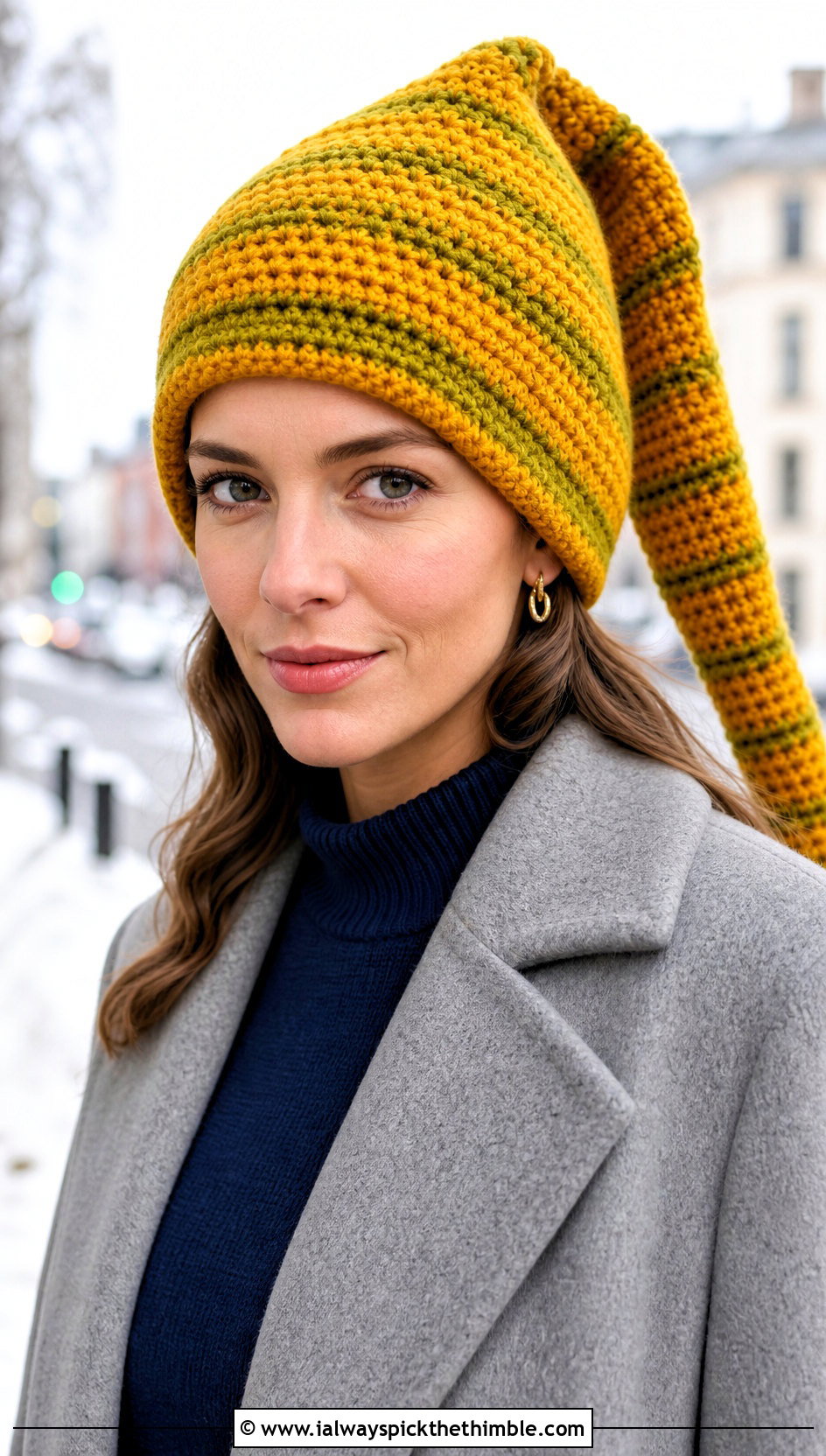 Striped Elf Crochet Pointed Hat With Sweater Dress - 20 Crochet Pointed Hat outfit ideas