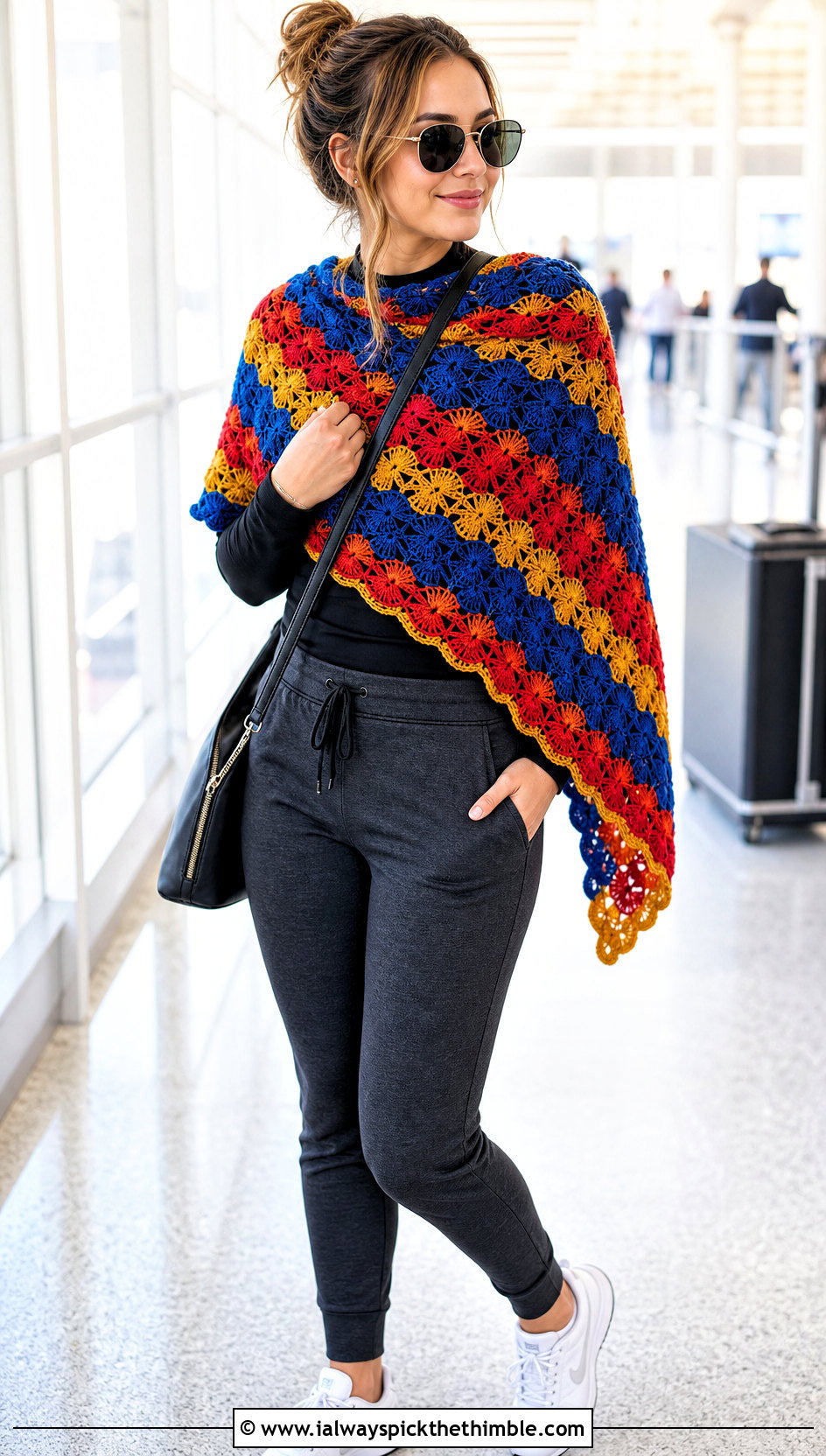 Striped Fan Stitch Shawl With Monochrome Athleisure - 20 Crochet Fan Stitch Shawl outfit ideas