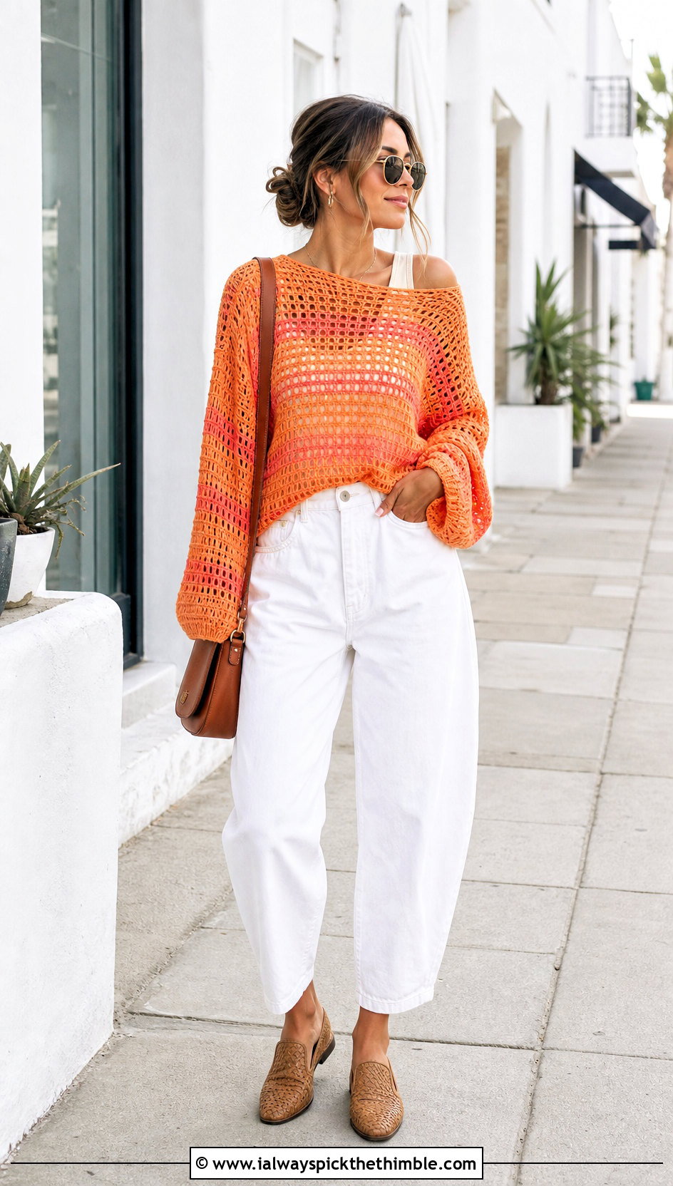 Striped Filet Crochet Mesh Sweater With White Denim - 25 oversized crochet mesh sweater outfit ideas