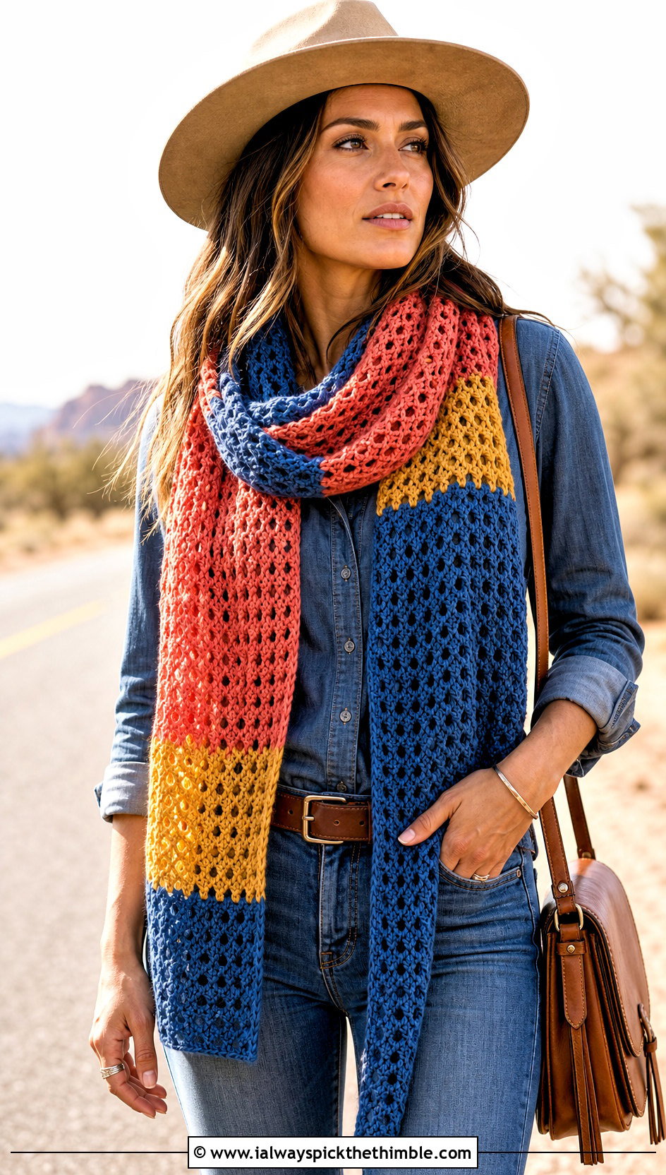 Striped Filet Crochet Scarf With A Western Denim Outfit - 25 filet crochet scarf outfit ideas