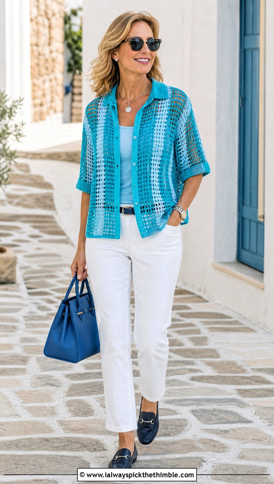 Striped Filet Crochet Shirt With White Jeans - 20 filet crochet shirt outfit ideas