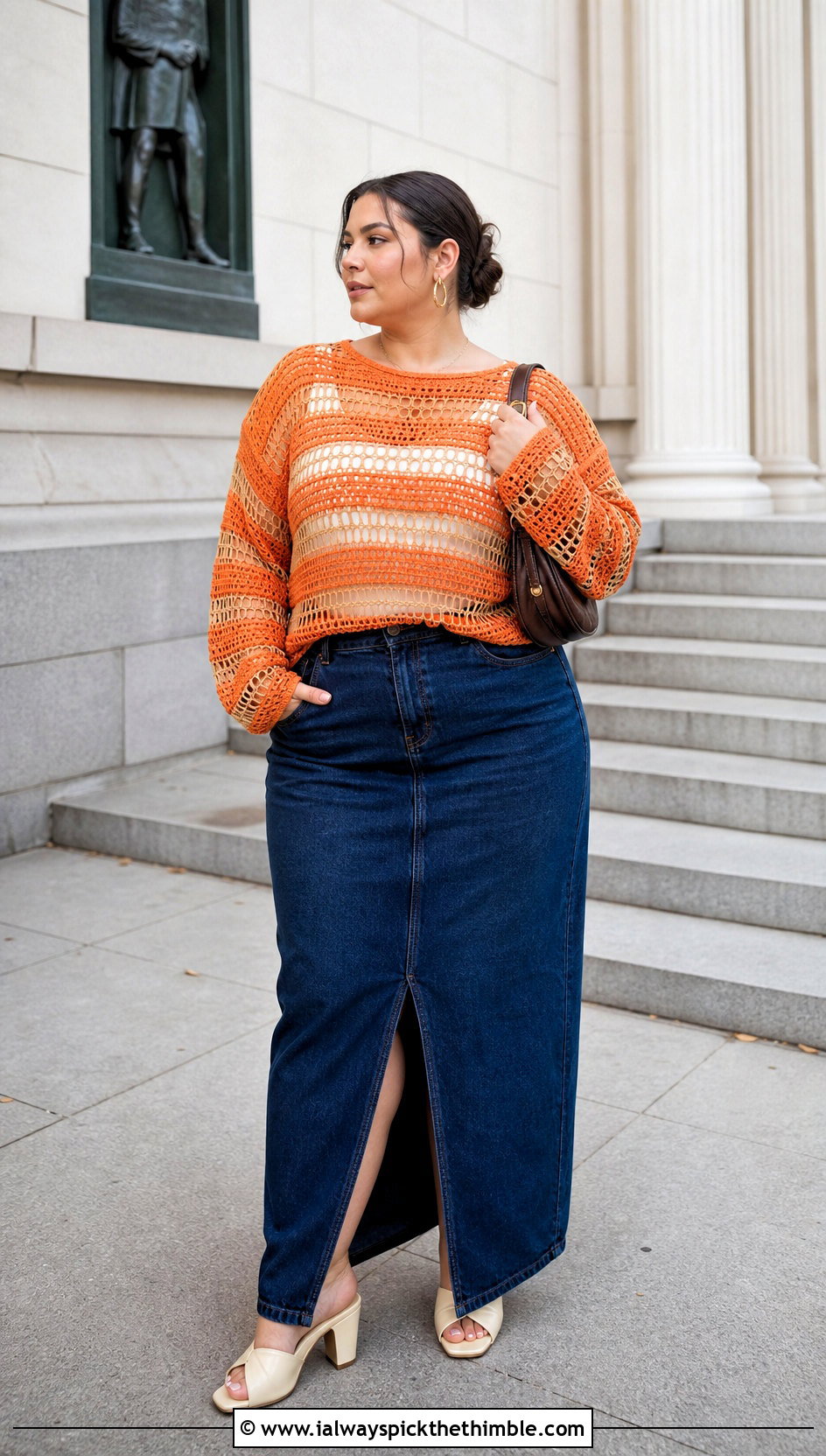 Striped Filet Crochet Sweater With Denim Maxi Skirt - 20 Open Weave Crochet Sweater outfit ideas