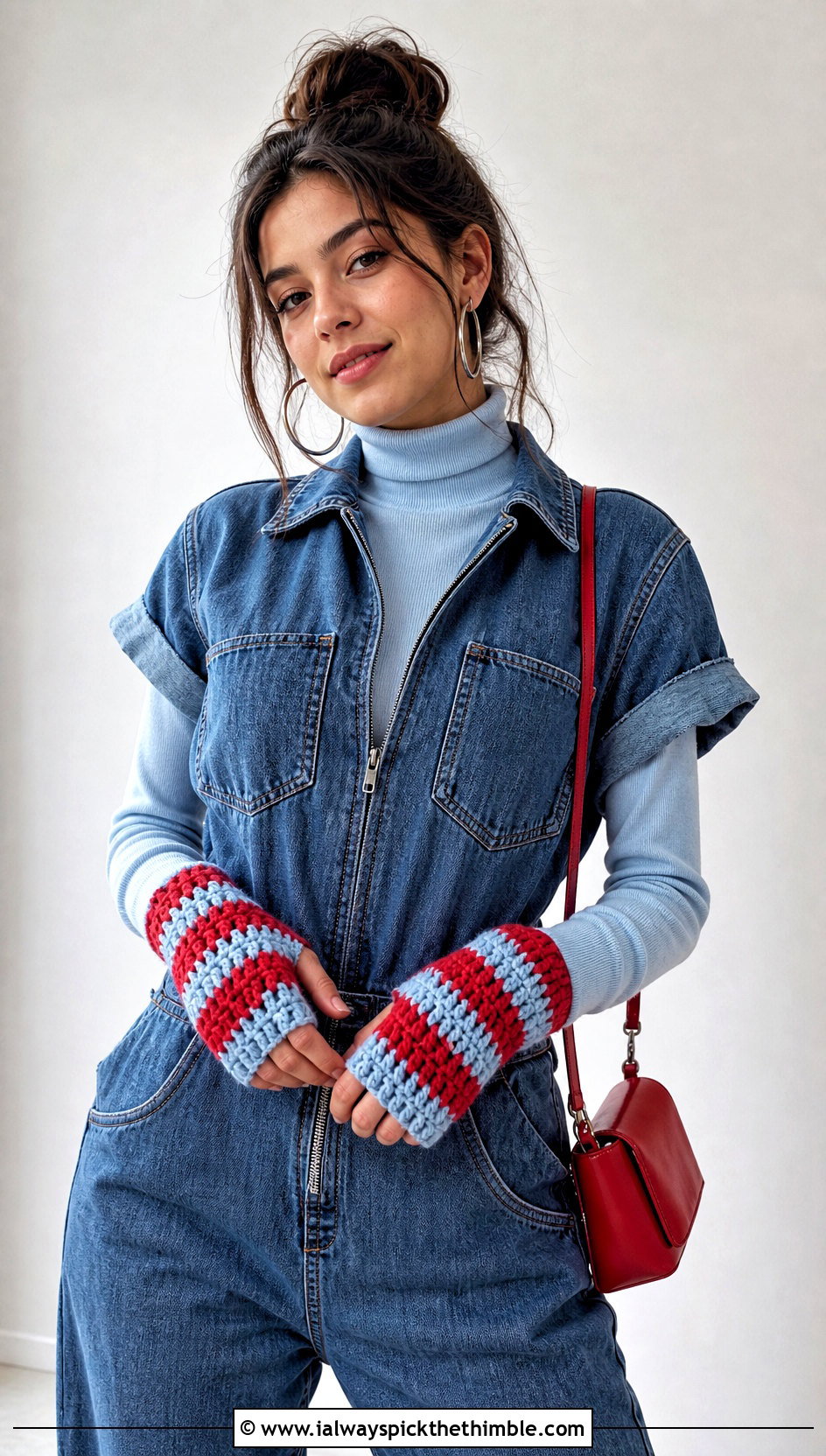 Striped Fingerless Gloves With Denim Jumpsuit - 20 Crochet Fingerless Gloves Bulky Yarn outfit ideas