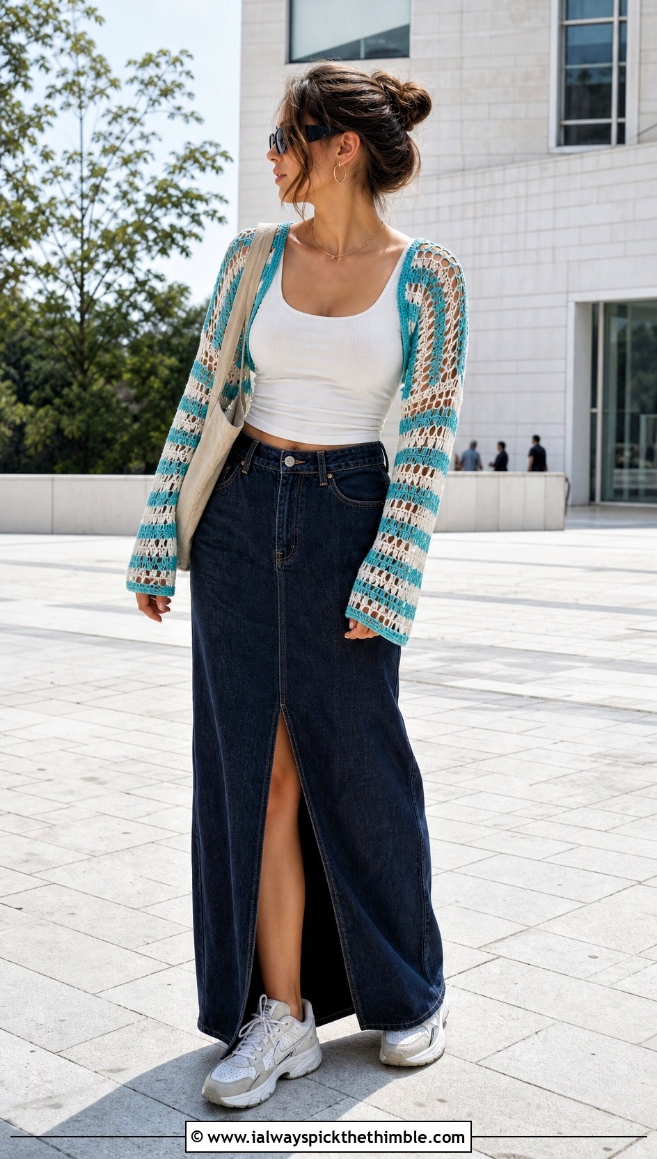 Striped Fishnet Shrug With Denim Maxi Skirt - 25 crochet fishnet shrug outfit ideas
