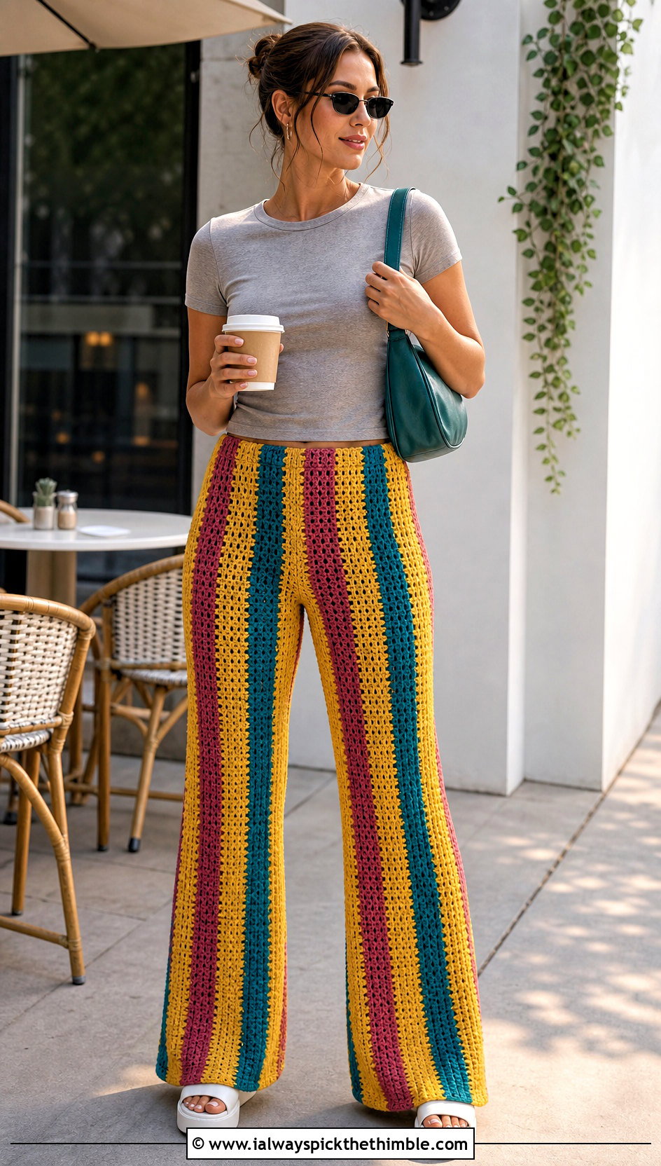 Striped Flare Crochet Pants With Fitted T Shirt - 20 colorful crochet pants outfit ideas
