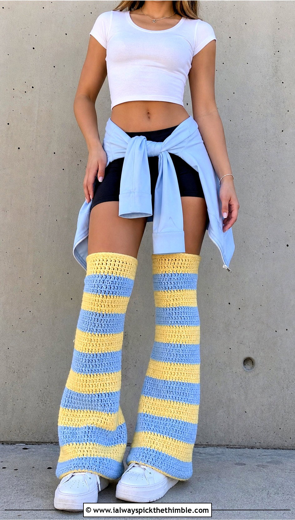 Striped Flared Crochet Leg Warmers With Bike Shorts And Baby Tee - 20 Crochet Legwarmer outfit ideas