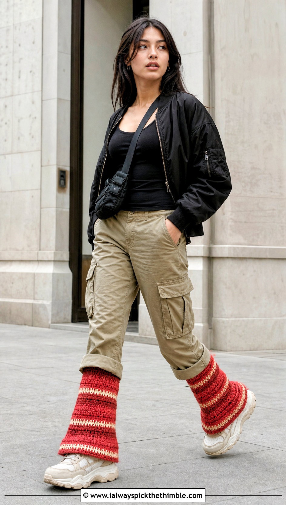 Striped Flared Crochet Leg Warmers With Cargo Pants - 25 Easy Crochet Leg Warmers outfit ideas