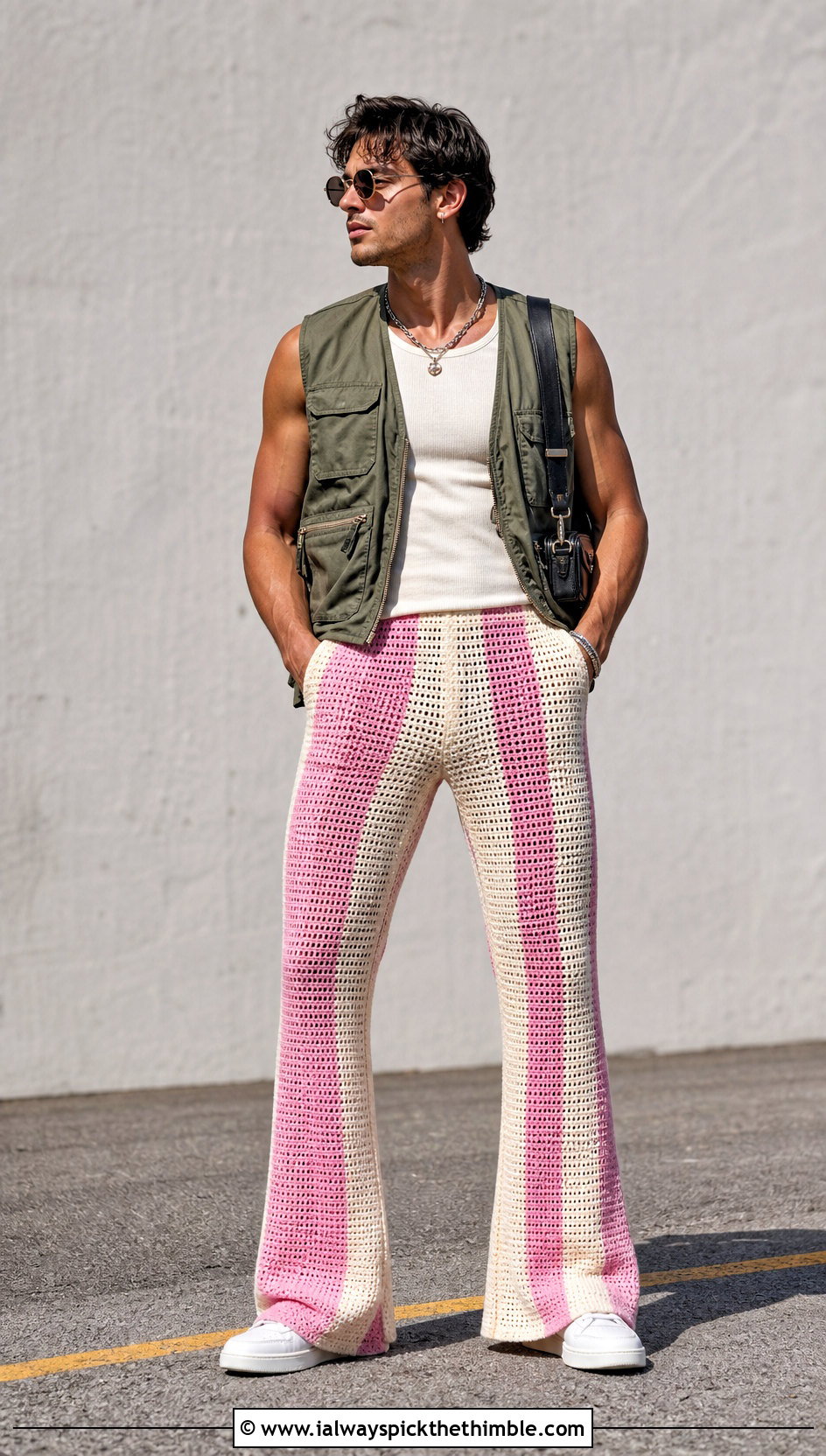 Striped Flared Crochet Pants With Utility Vest - 15 crochet men pants outfit ideas