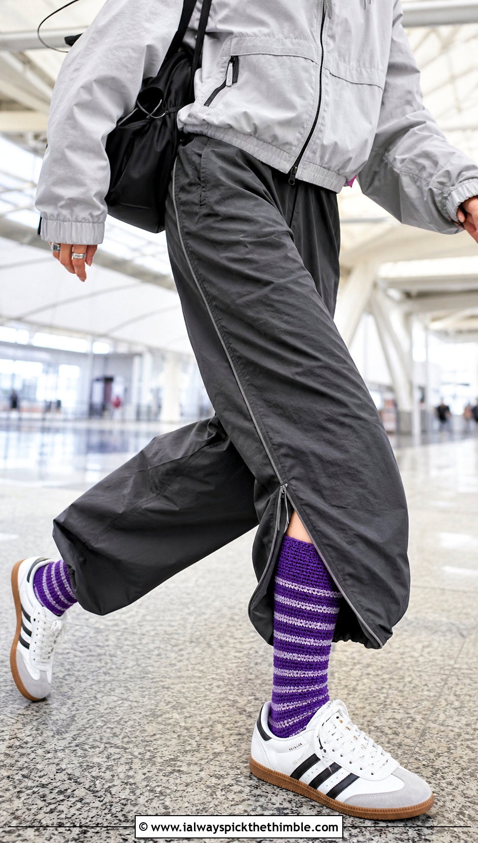 Striped Flat Crochet Crew Socks With Track Pants - 20 flat crochet sock outfit ideas
