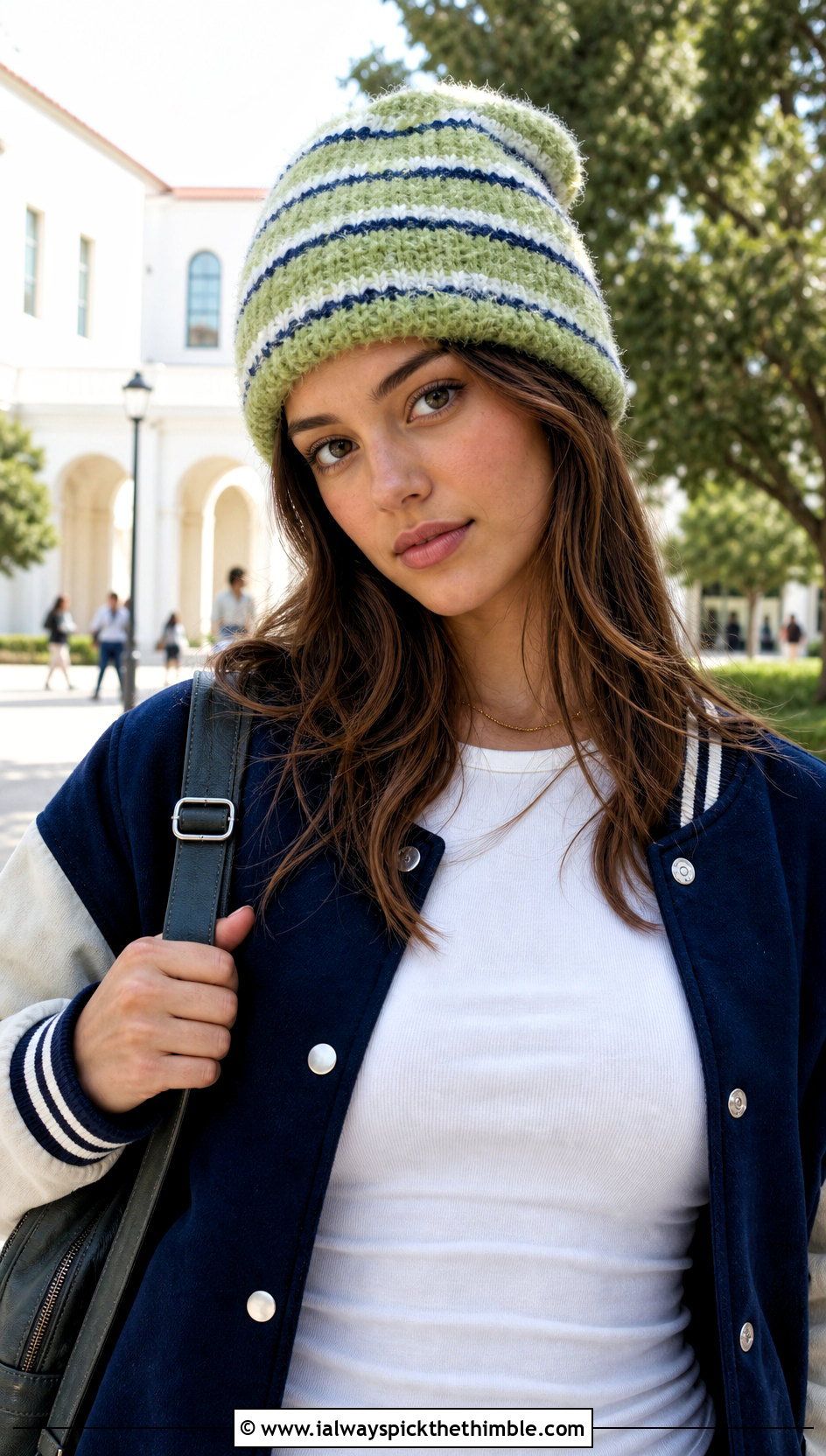 Striped Fluffy Crochet Beanie With Varsity Jacket - 20 fluffy crochet beanie outfit ideas