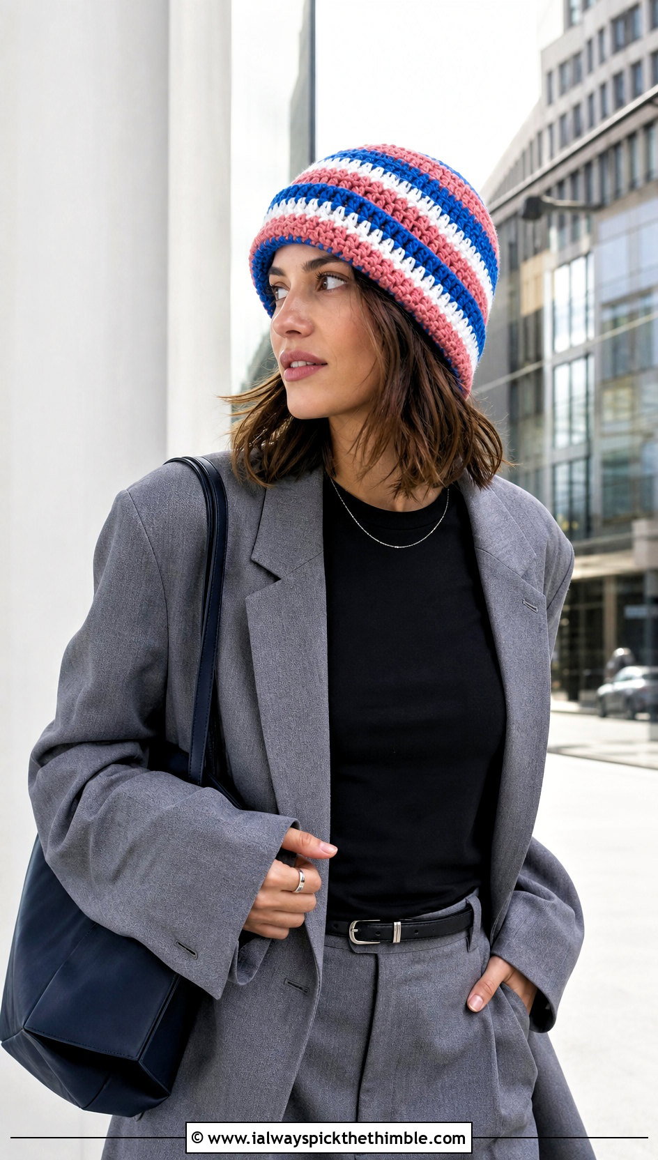 Striped Fold Over Crochet Beanie With Oversized Suit - 15 Crochet Hat With Fold Up Brim outfit ideas