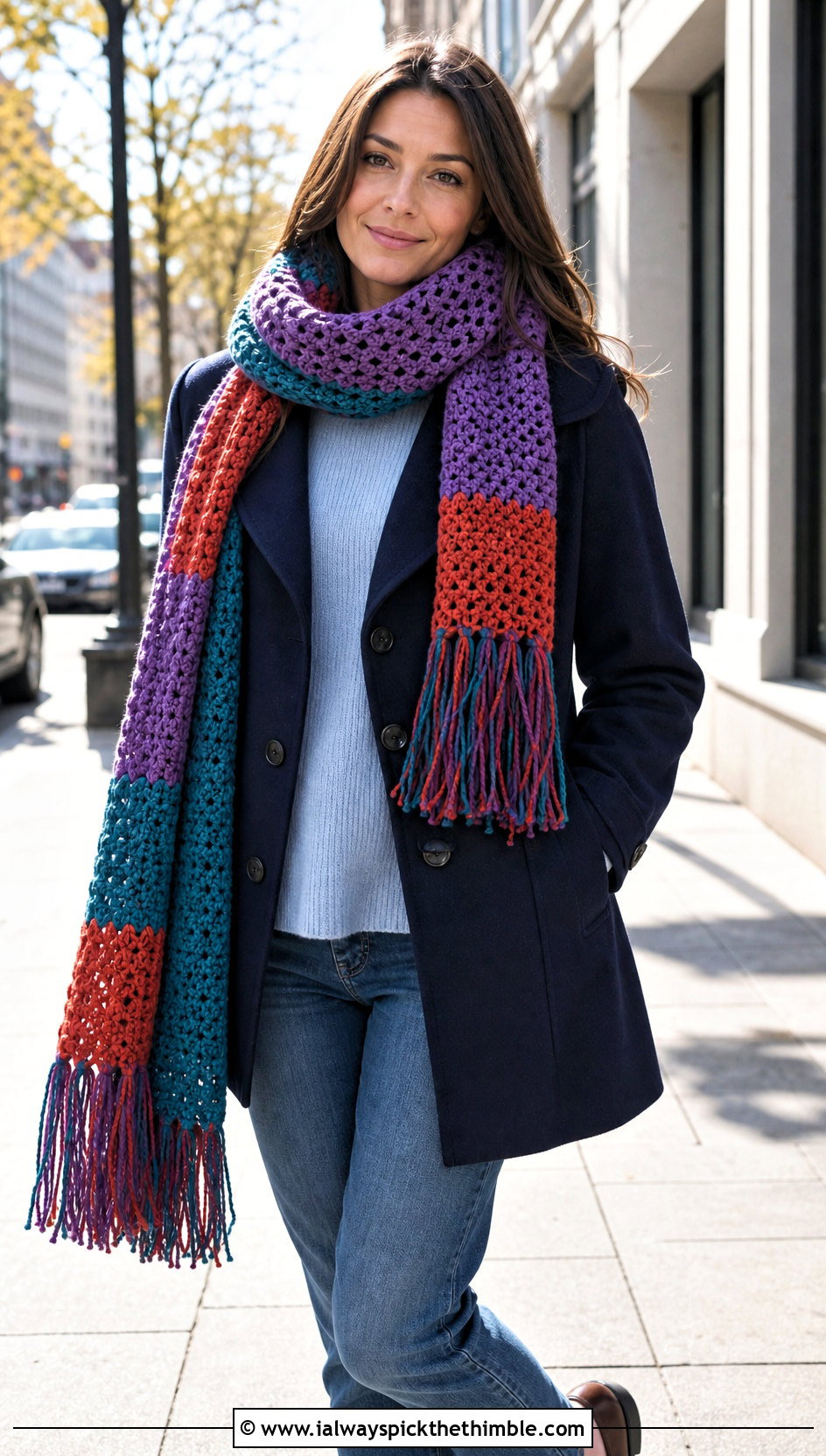 Striped Fringe Crochet Chenille Scarf With Peacoat - 20 crochet chenille scarf outfit ideas