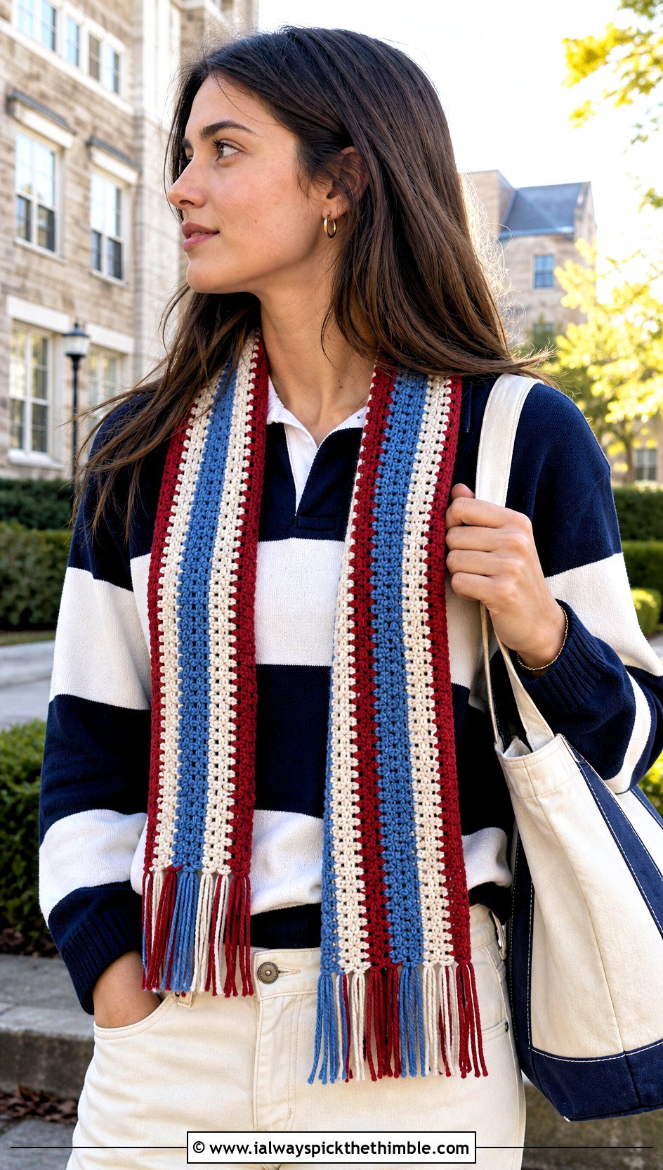 Striped Fringe Crochet Scarf With Rugby Sweater - 20 unique crochet scarf outfit ideas