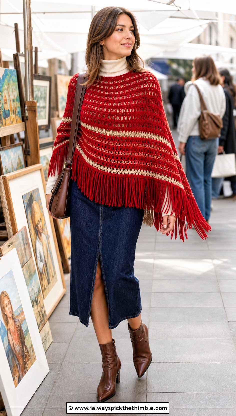 Striped Fringe Tunisian Crochet Poncho With Denim Midi Skirt - 20 tunisian crochet poncho outfit ideas
