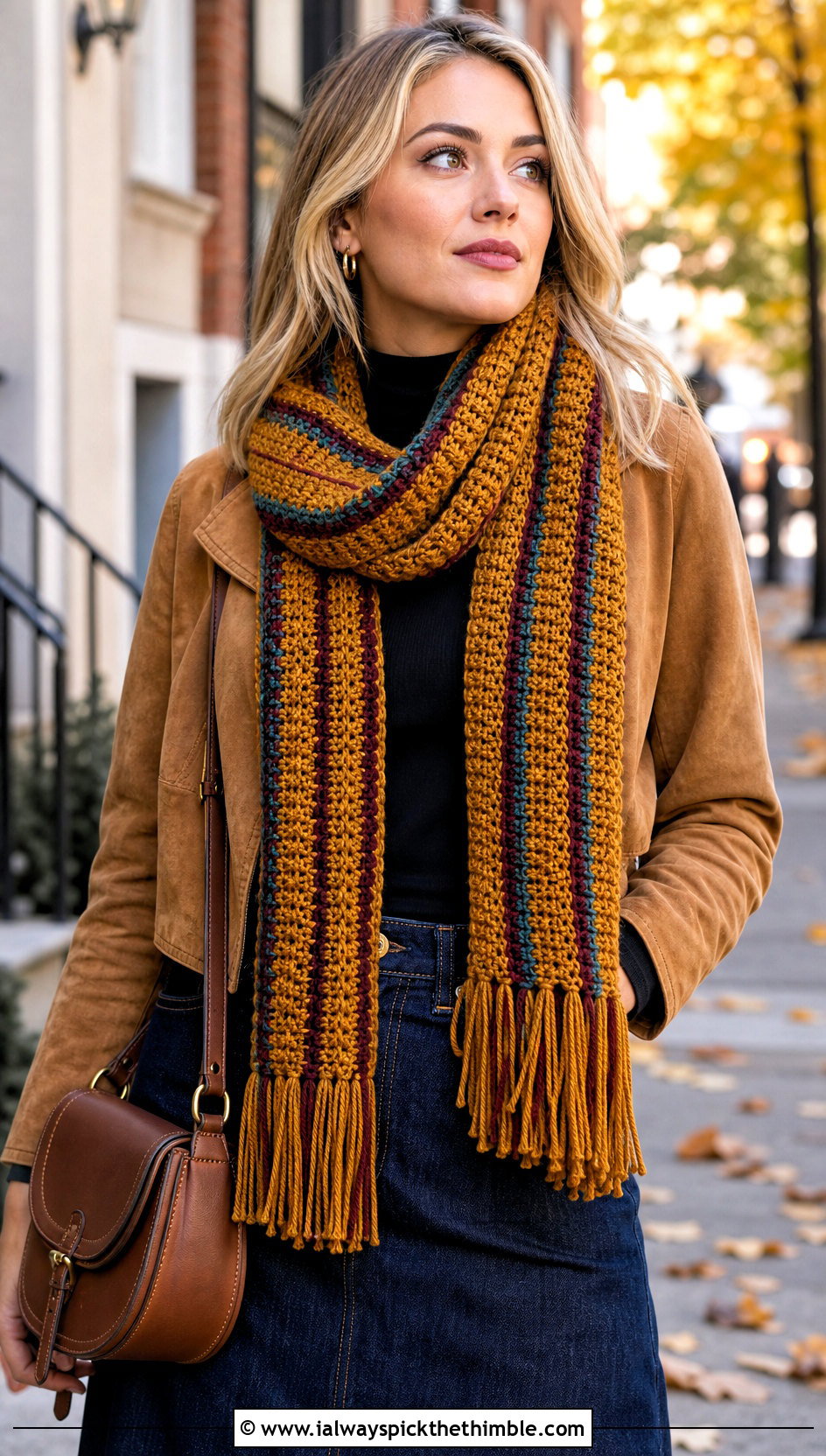Striped Fringe Wool Ease Crochet Scarf With Denim Maxi Skirt - 15 wool ease crochet scarf outfit ideas