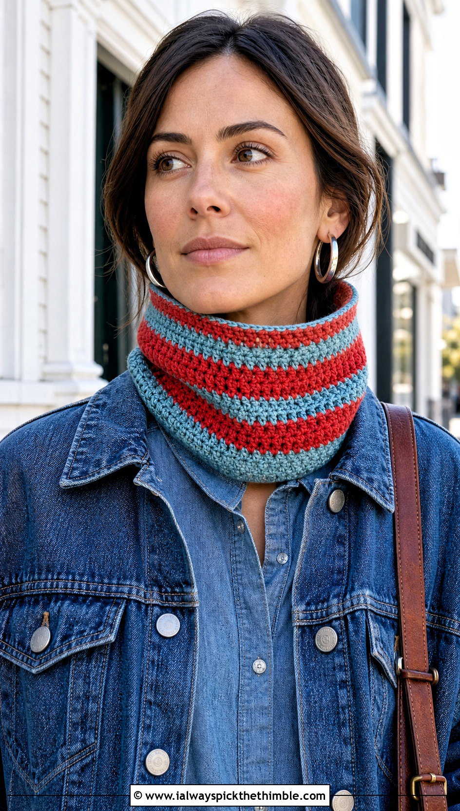 Striped Funnel Crochet Cowl With Double Denim - 15 striped crochet cowl outfit ideas