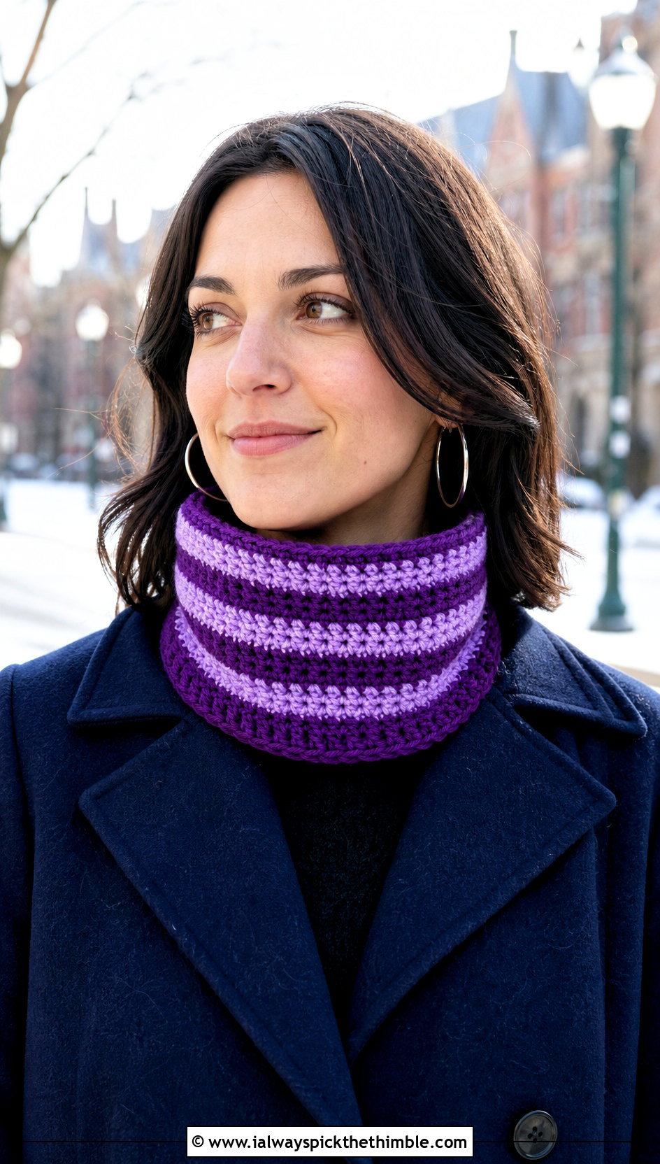 Striped Funnel Crochet Turtleneck Cowl With Peacoat - 20 Crochet Turtleneck Cowl outfit ideas