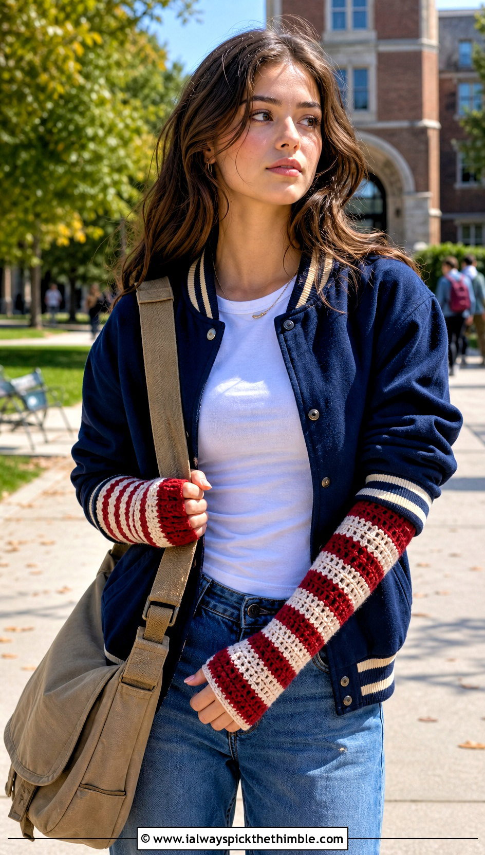 Striped Gauntlet Crochet Arm Warmers With Varsity Jacket - 15 crochet arm warmers vintage-styled outfit ideas