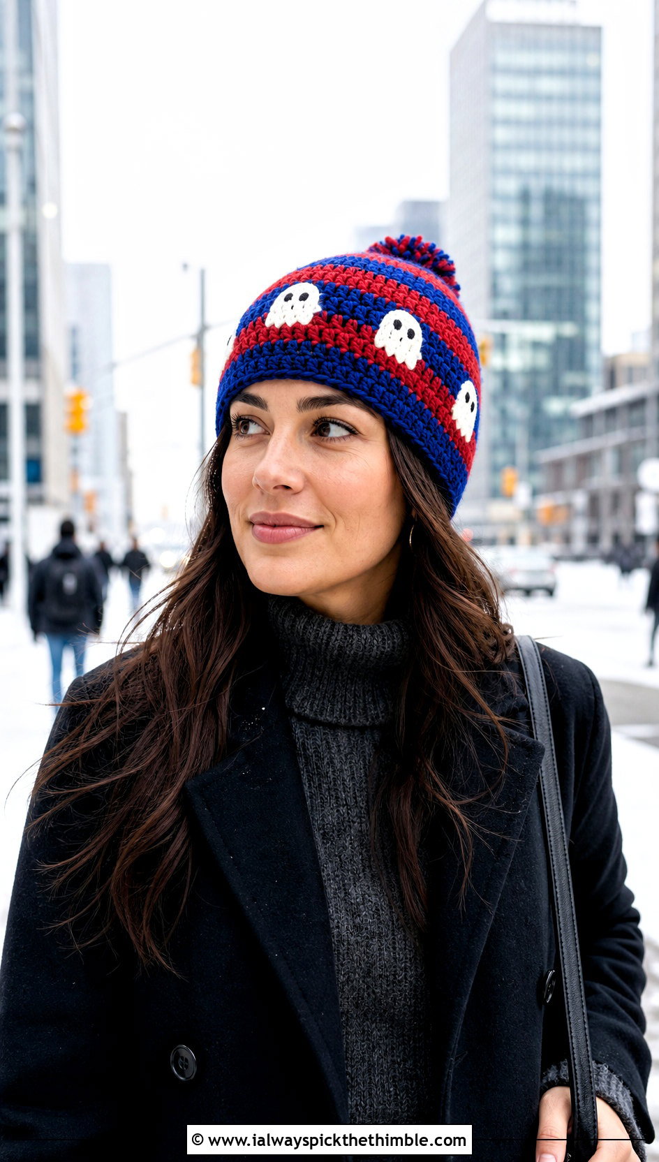 Striped Ghost Crochet Toque With Wool Coat - 20 Ghost Crochet Hat outfit ideas