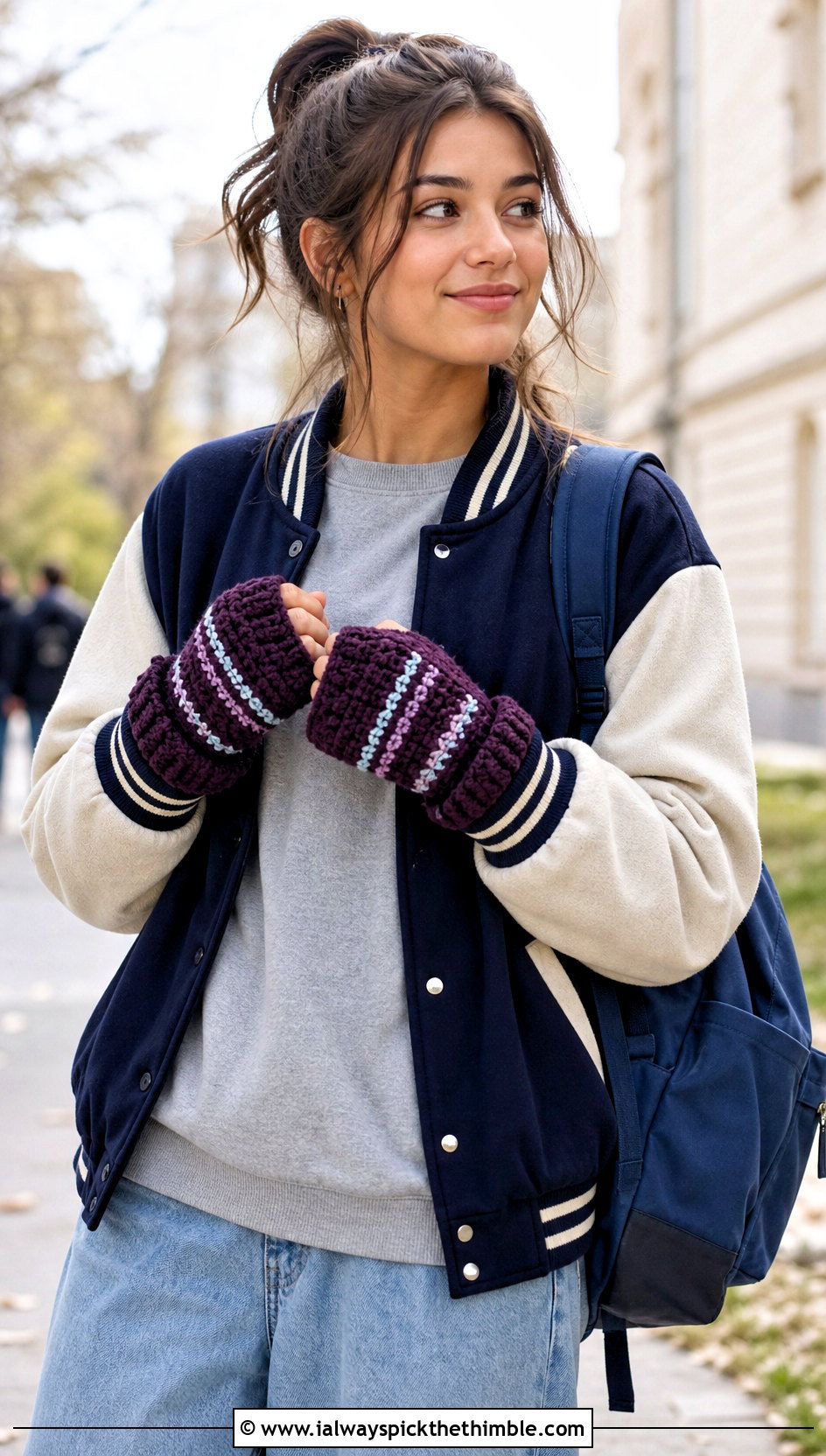 Striped Glittens With Varsity Jacket And Wide Leg Jeans - 20 Crochet Convertible Mittens outfit ideas