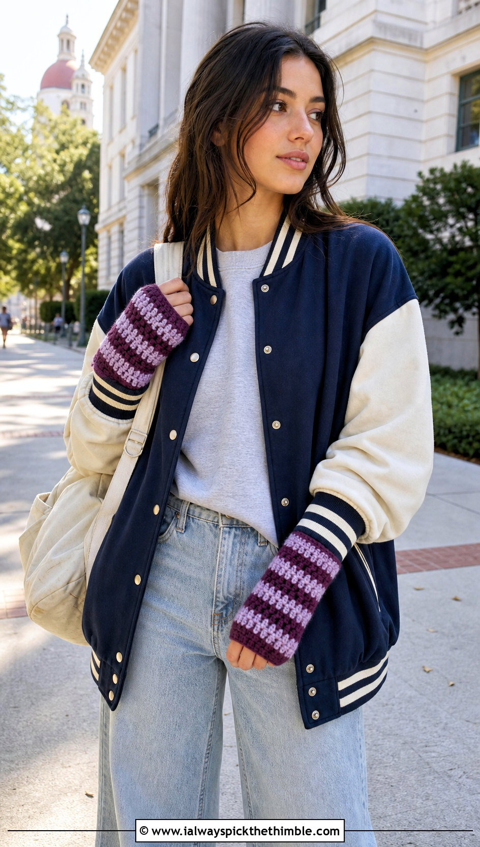 Striped Glittens With Varsity Jacket and Wide Leg Jeans - 20 Convertible Crochet Gloves outfit ideas
