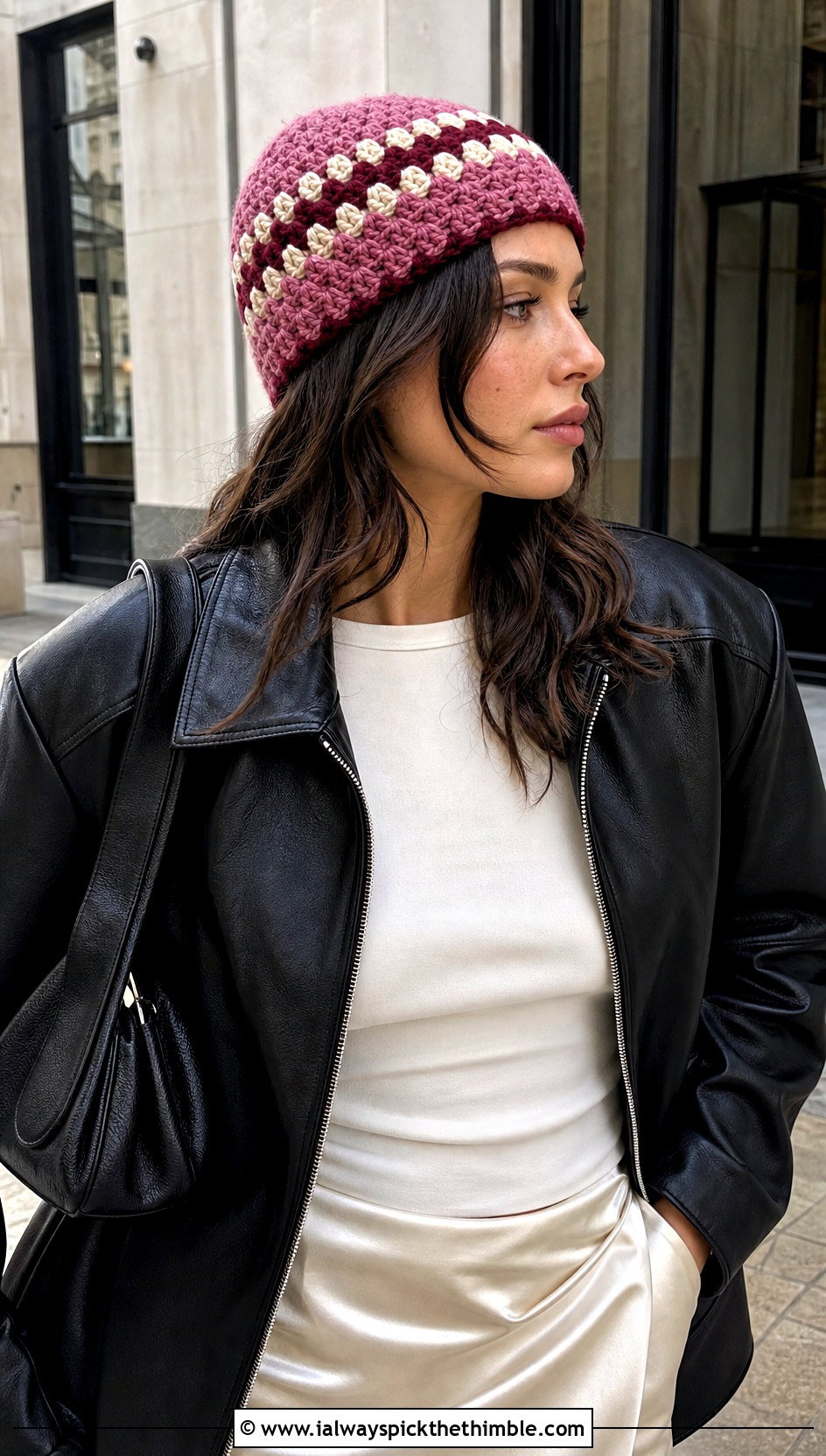 Striped Granny Cluster Hat With Leather Jacket And Skirt - 20 crochet granny hat outfit ideas