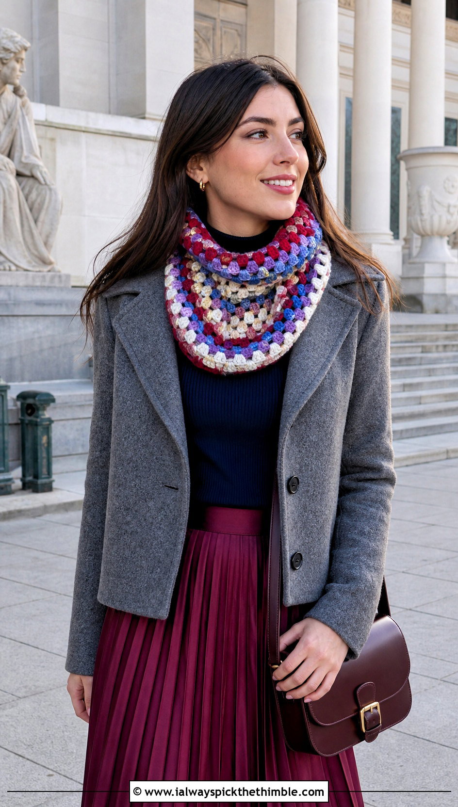 Striped Granny Crochet Cowl With Pleated Midi Skirt - 15 striped crochet cowl outfit ideas