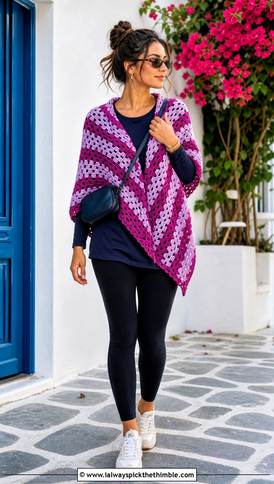 Striped Granny Crochet Shawl With Leggings And Sneakers - 20 Stevie Nicks Crochet Shawl outfit ideas