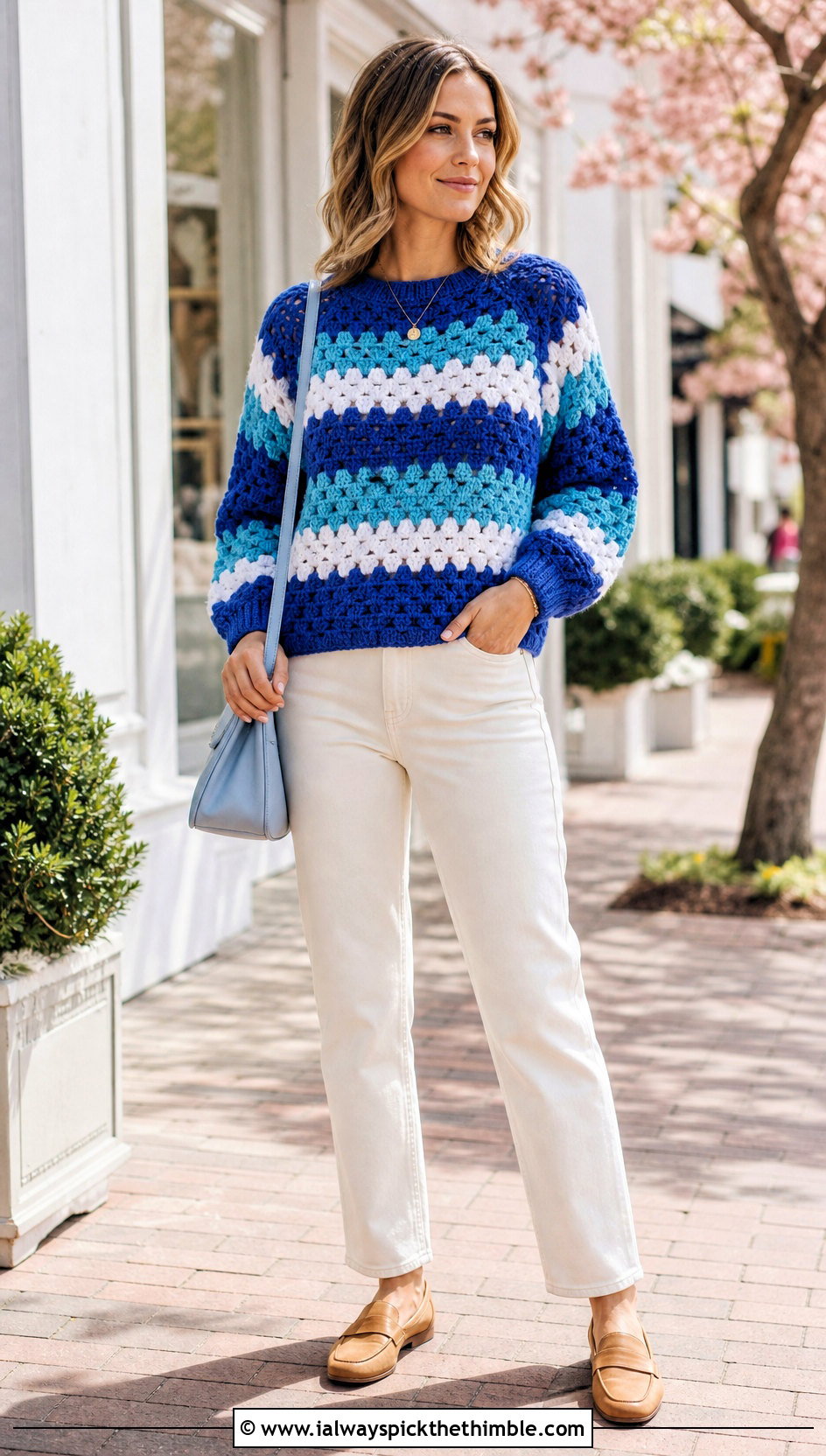 Striped Granny Raglan Sweater With White Jeans - 20 Crochet Granny Raglan Sweater outfit ideas