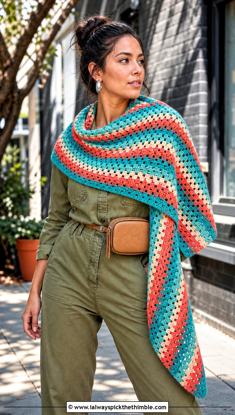 Striped Granny Shawl With Utility Jumpsuit - 15 Granny Crochet Shawl outfit ideas