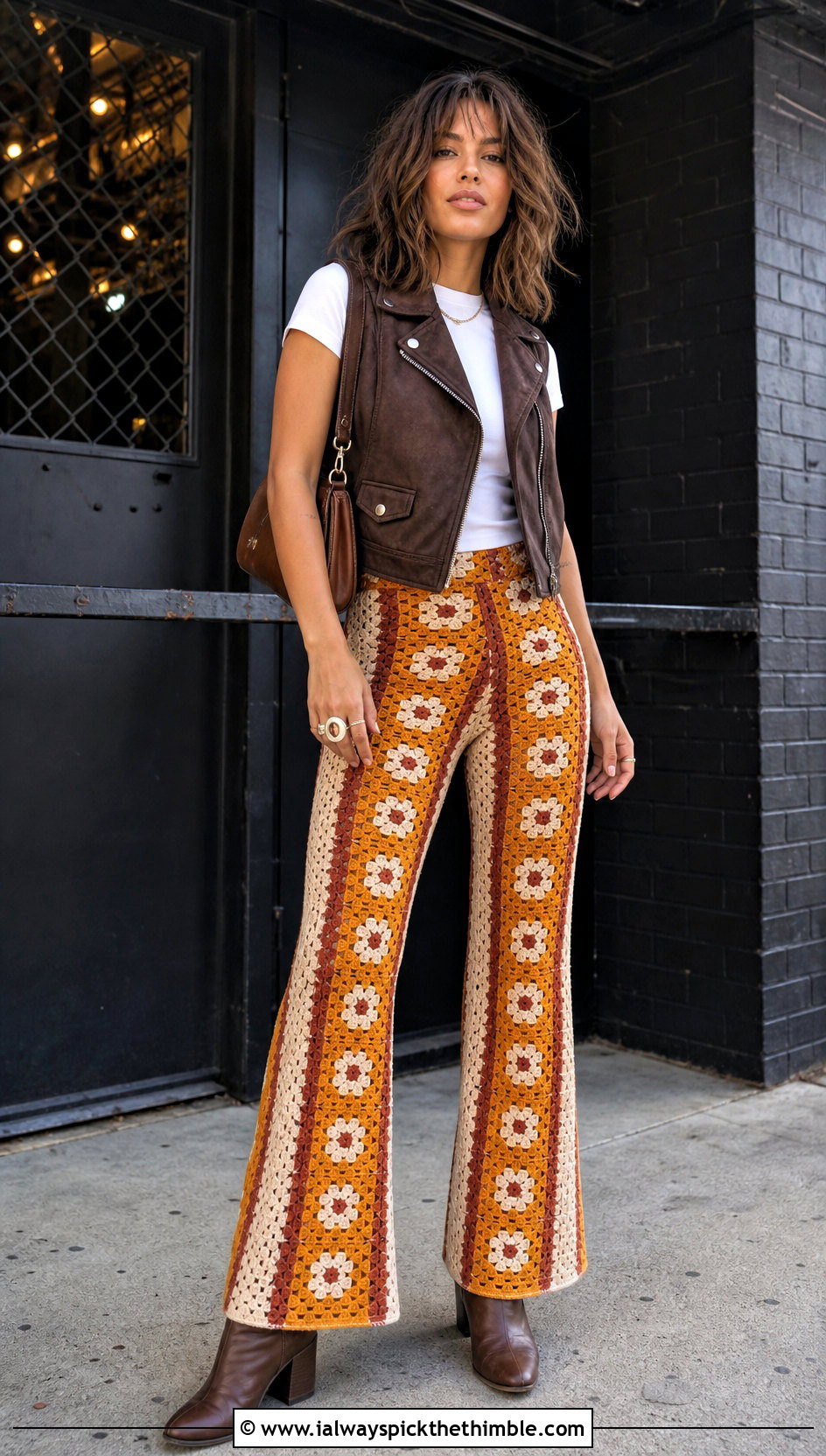 Striped Granny Square Flare Pants With Moto Vest - 25 granny square pants outfit ideas