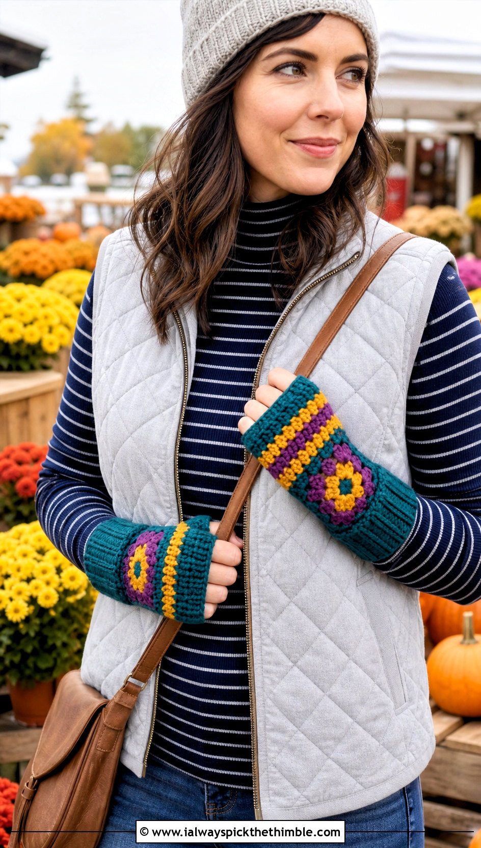Striped Granny Square Gloves With Quilted Vest - 20 Fingerless Granny Square Gloves outfit ideas