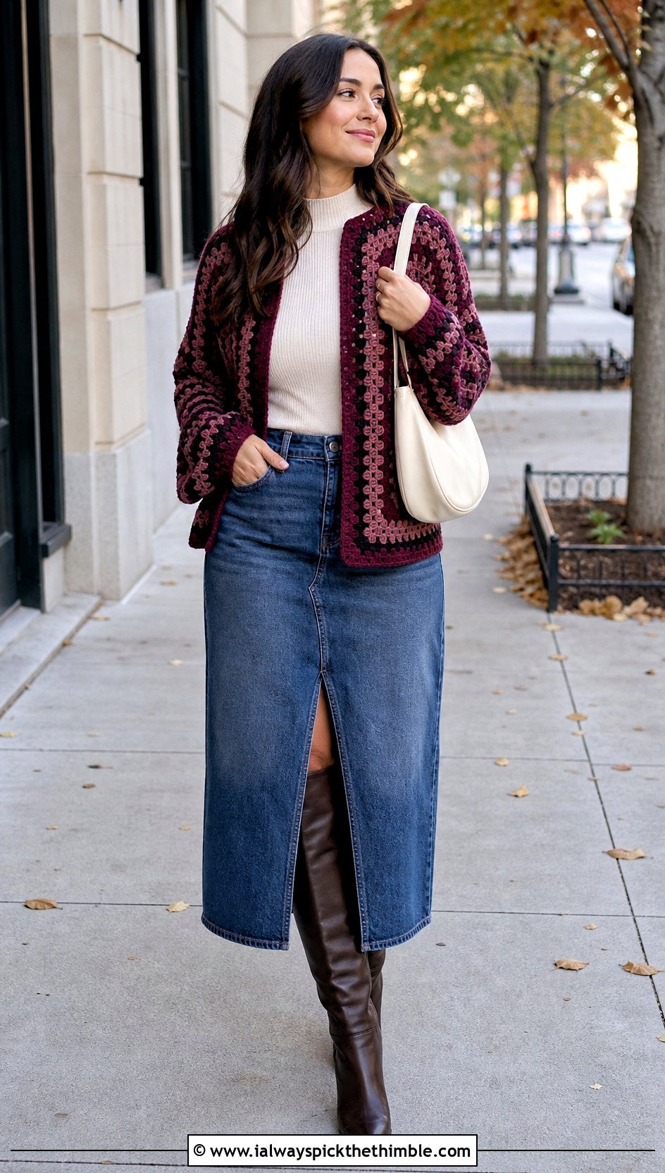 Striped Granny Square Hexagon Cardigan With Denim Midi Skirt - 25 granny square hexagon cardigan outfit ideas
