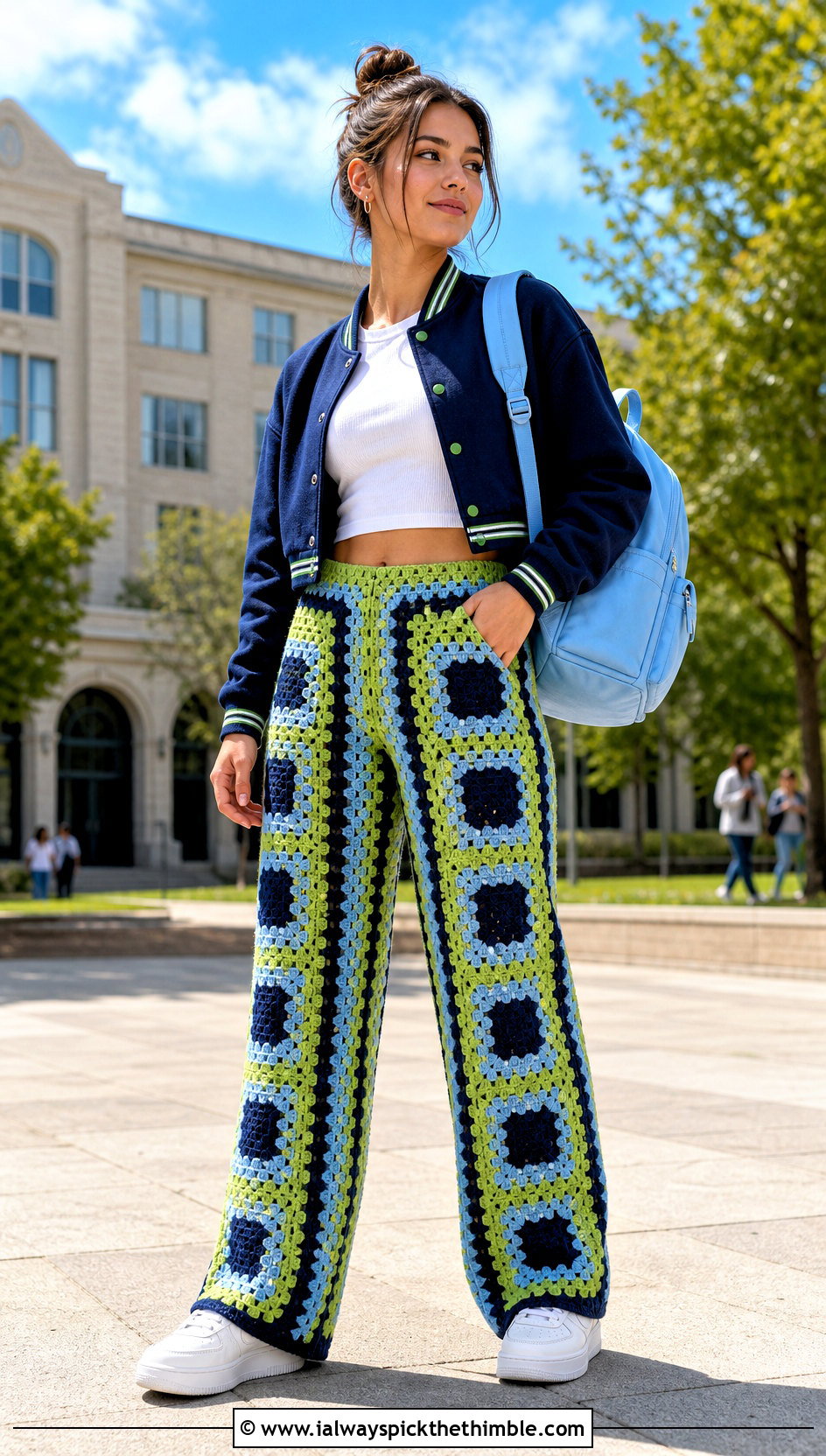 Striped Granny Square Pants With Varsity Jacket - 25 crochet granny square pants outfit ideas