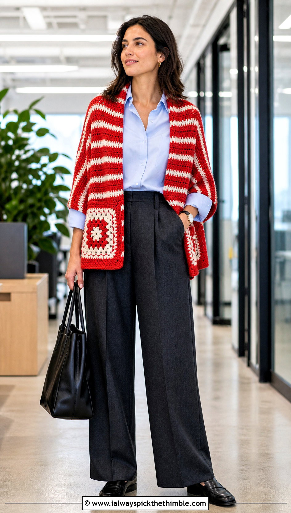 Striped Granny Square Pocket Shawl With Tailored Trousers - 20 Granny Square Pocket Shawl outfit ideas