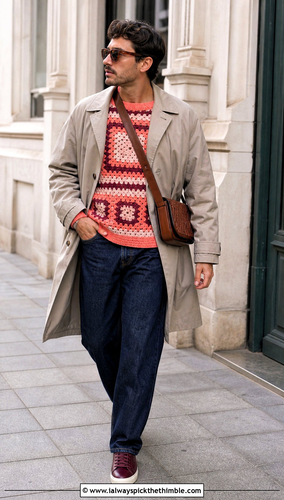 Striped Granny Square Sweater With Trench Coat - 20 Crochet Granny Square Sweater For Men outfit ideas