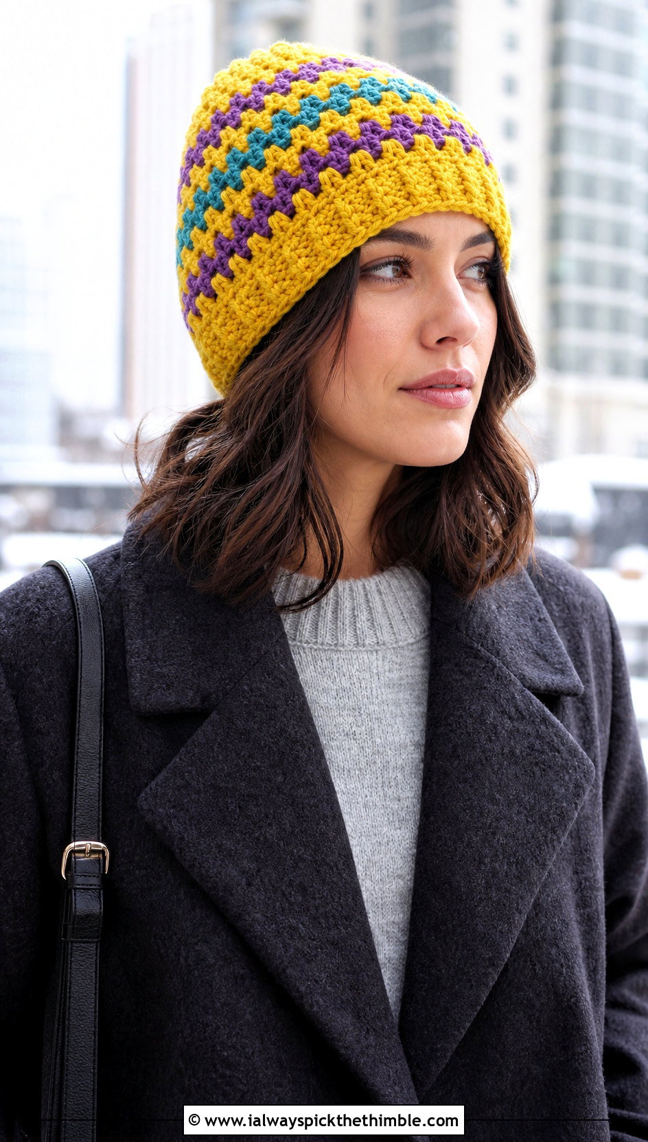 Striped Granny Stitch Beanie With Wool Coat - 20 granny stitch crochet hat outfit ideas
