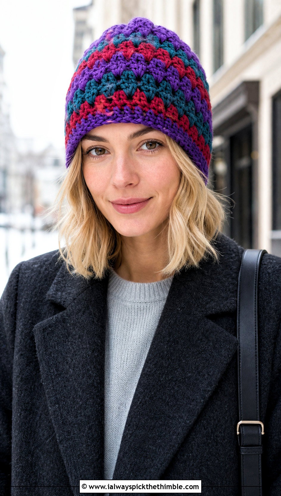 Striped Granny Stitch Beanie With Wool Coat - 20 Granny Crochet Hat outfit ideas