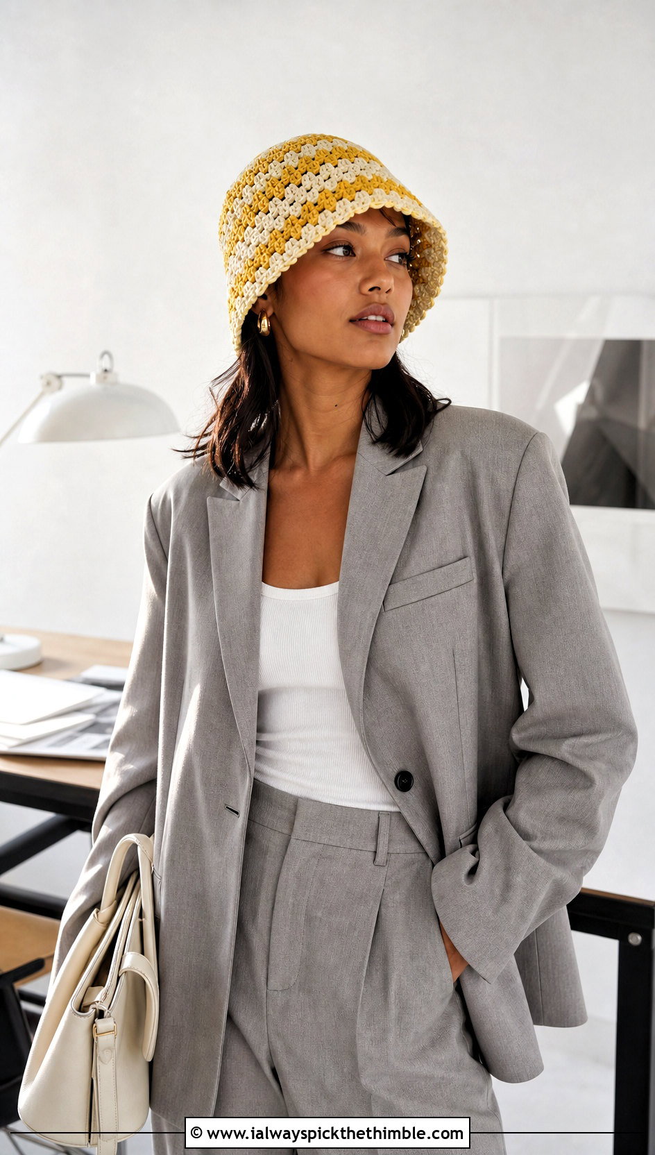 Striped Granny Stitch Bucket Hat With Blazer And Trousers - 20 crochet granny stitch bucket hat outfit ideas