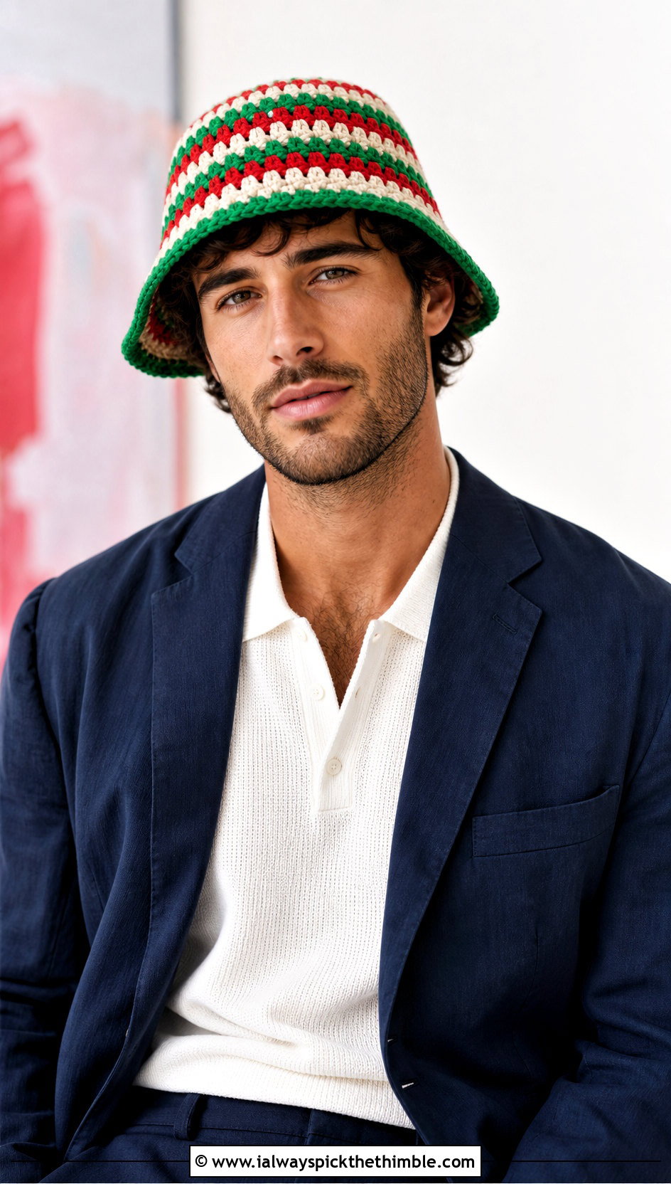 Striped Granny Stitch Crochet Bucket Hat With Blazer And Trousers - 15 mens crochet bucket hat outfit ideas