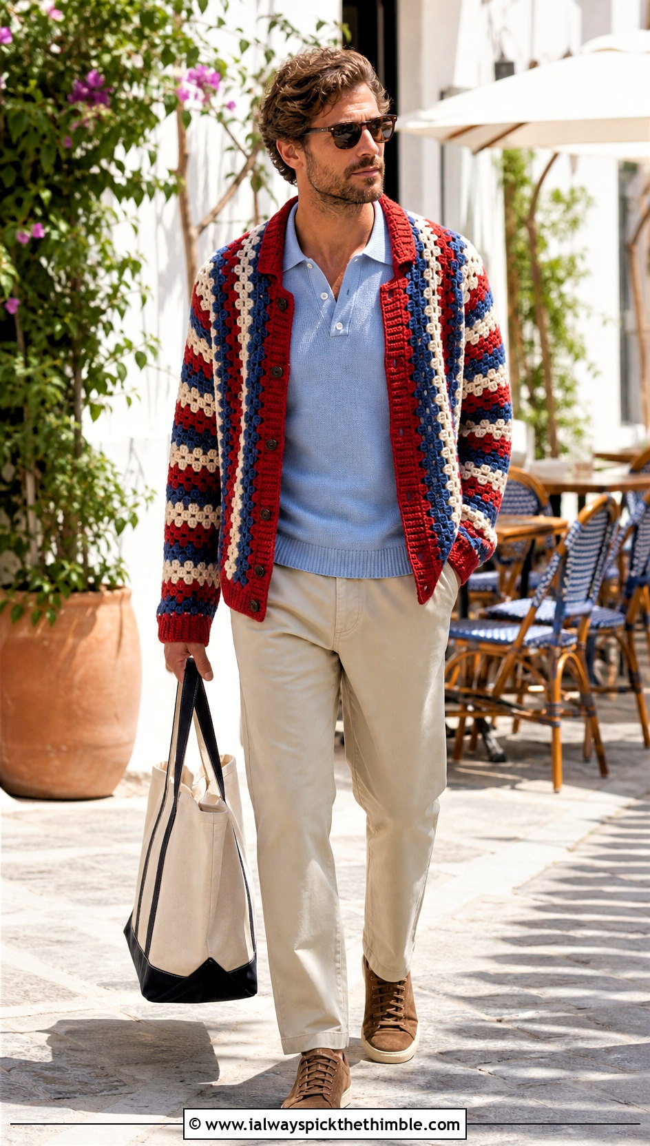 Striped Granny Stitch Crochet Cardigan With Chinos - 20 mens crochet cardigan sweater outfit ideas