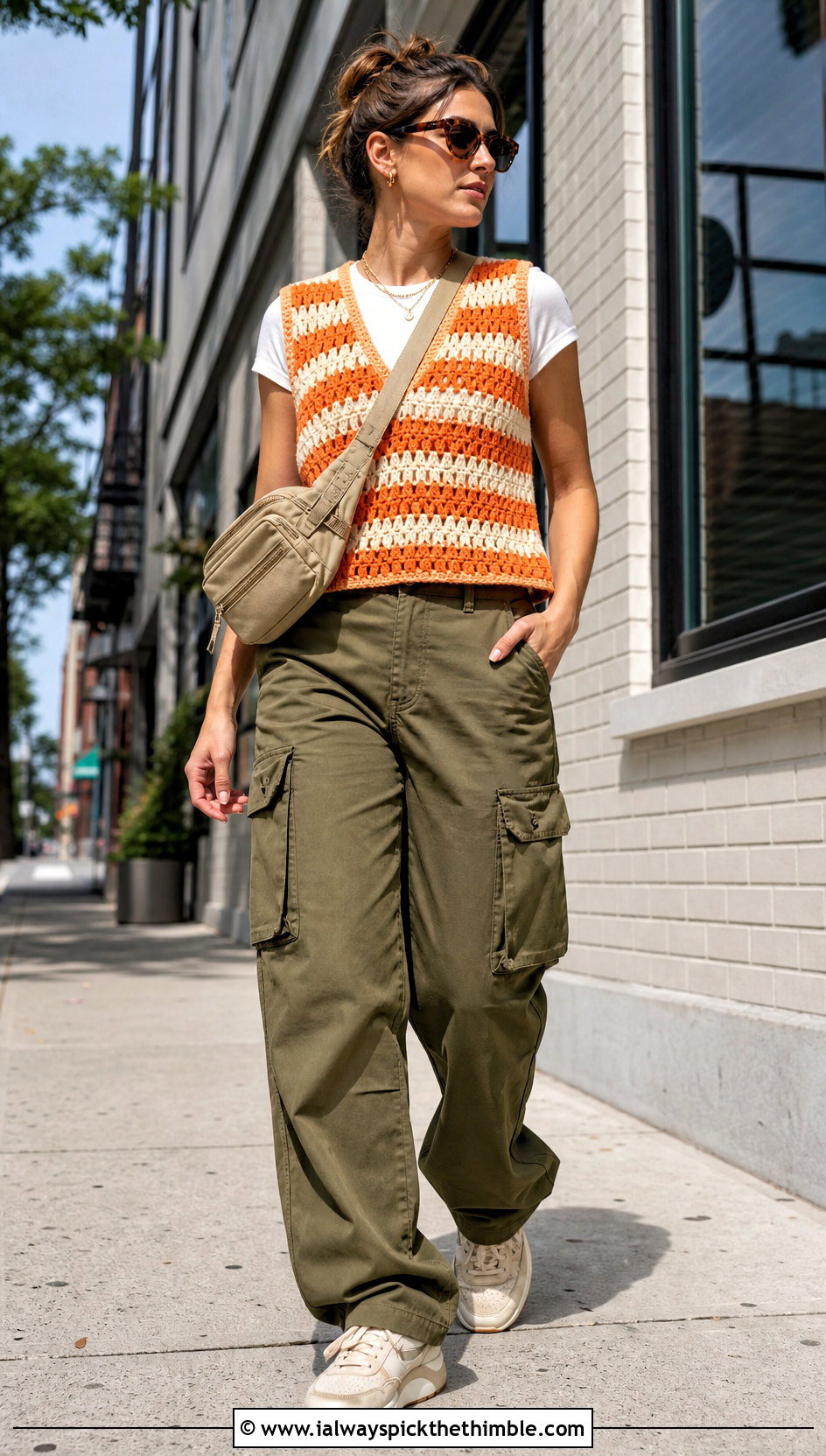 Striped Granny Stitch Crochet Pullover Vest With Cargo Pants - 15 crochet pullover vest outfit ideas