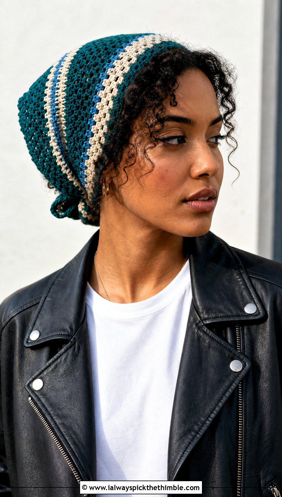 Striped Granny Stitch Head Scarf With Leather Jacket - 20 Crochet Boho Head Scarf outfit ideas