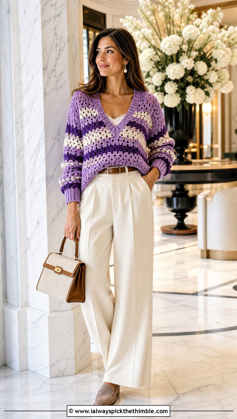 Striped Granny Stitch Jumper With Tailored Trousers - 20 Crochet Granny Jumper outfit ideas