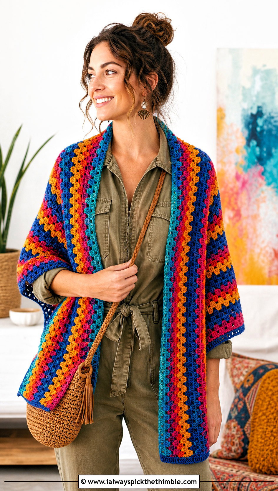 Striped Granny Stitch Shawl With Utility Jumpsuit - 20 boho crochet shawl outfit ideas