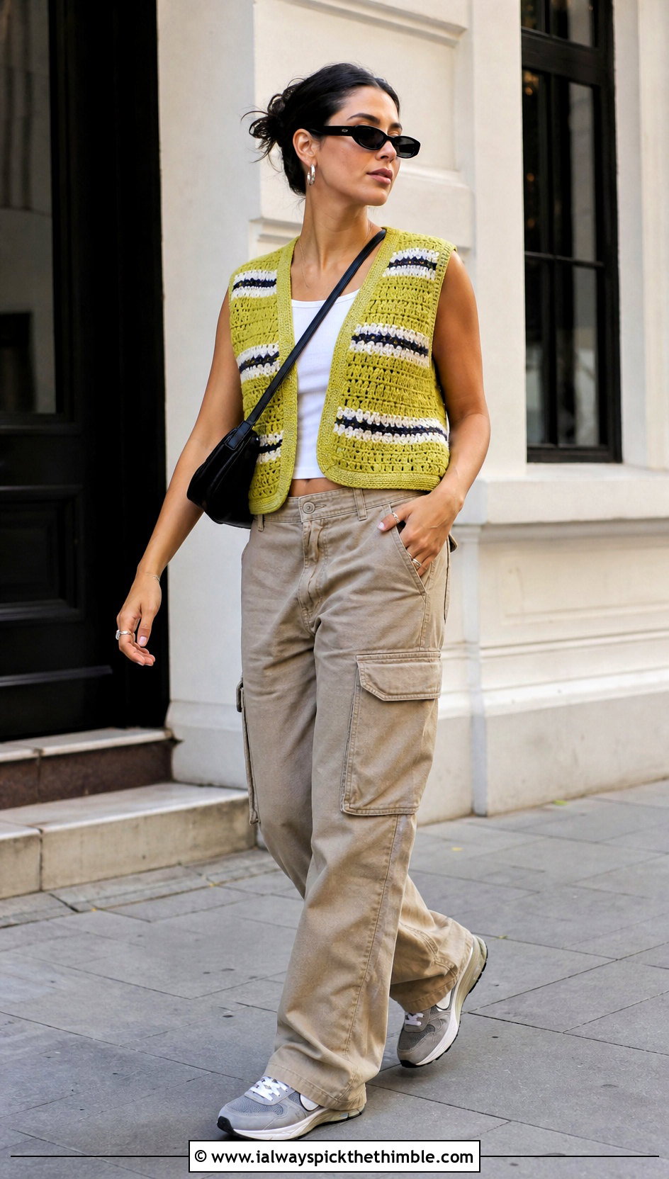 Striped Granny Stitch Vest With Cargo Pants - 20 Crocheted Vests For Women outfit ideas