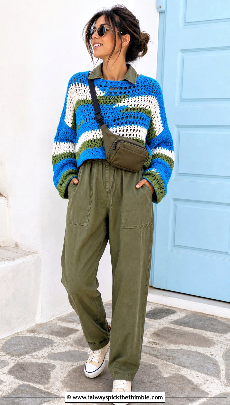 Striped Graphic Crochet Sweater With Utility Jumpsuit - 20 crochet graphic sweater outfit ideas