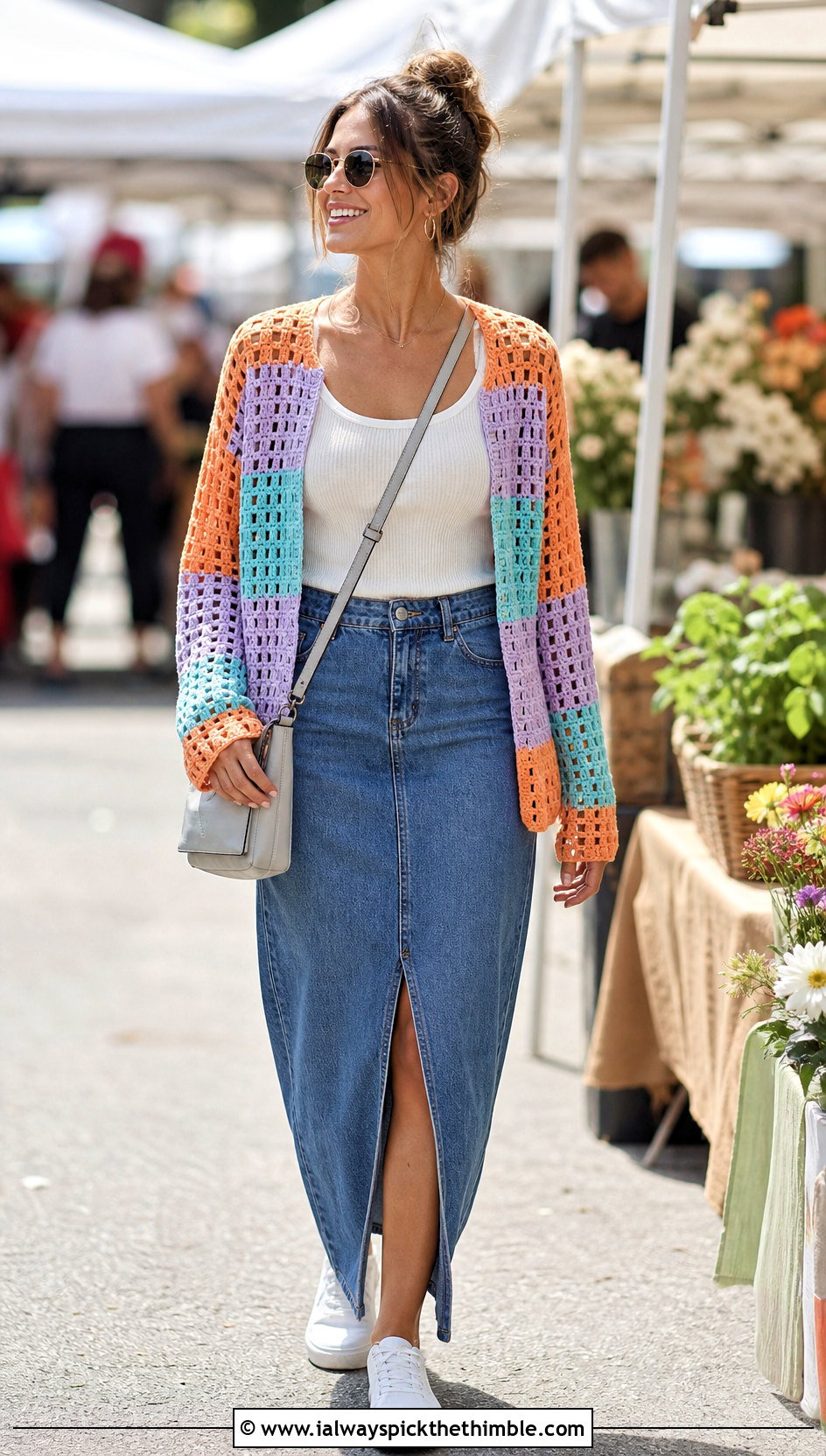 Striped Grid Crochet Sweater With Denim Maxi Skirt - 15 grid crochet sweater design outfit ideas