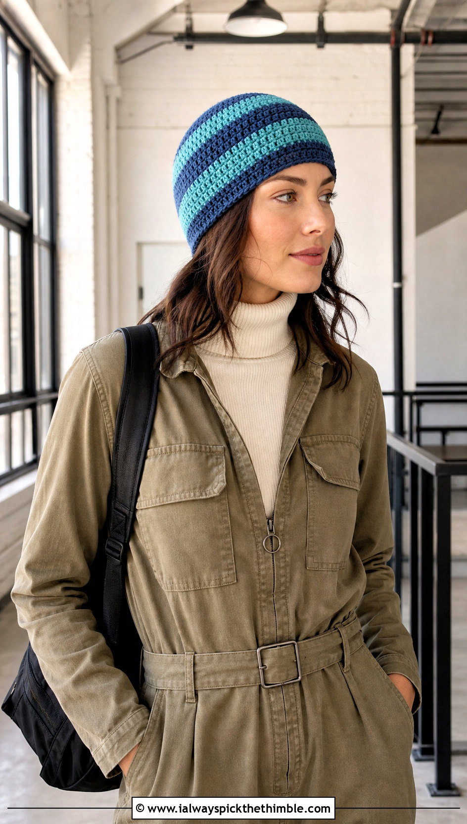Striped Half Double Crochet Beanie With Utility Jumpsuit - 25 half double crochet beanie outfit ideas