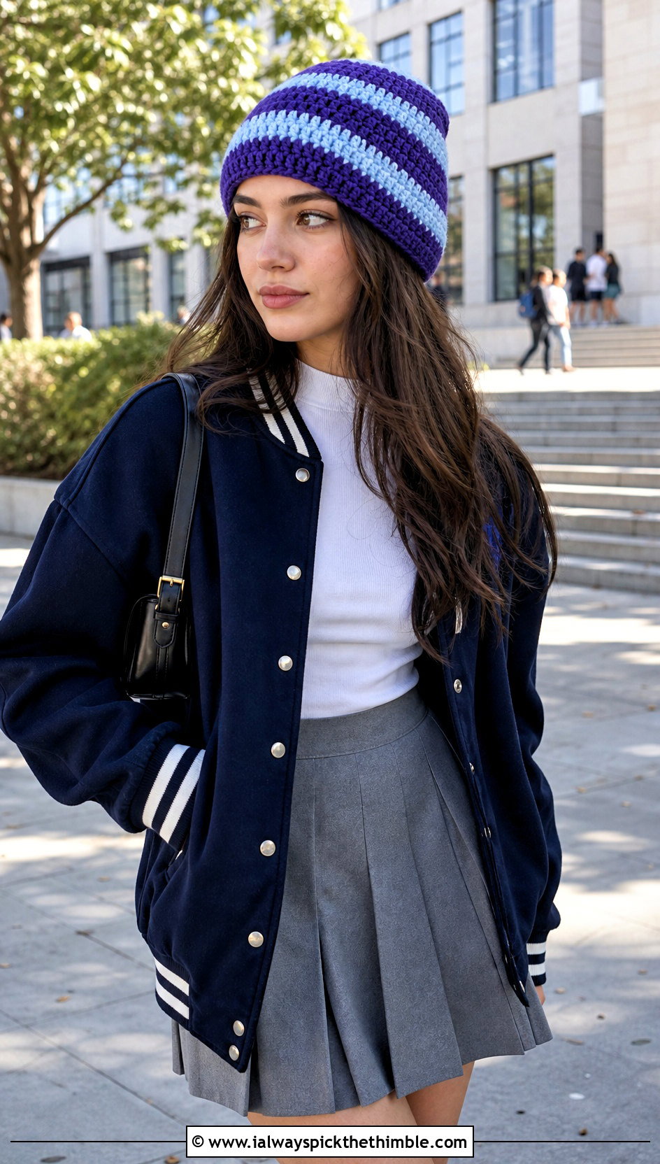 Striped Half Double Crochet Beanie With Varsity Jacket And Mini Skirt - 20 Half Double Crochet Hat outfit ideas